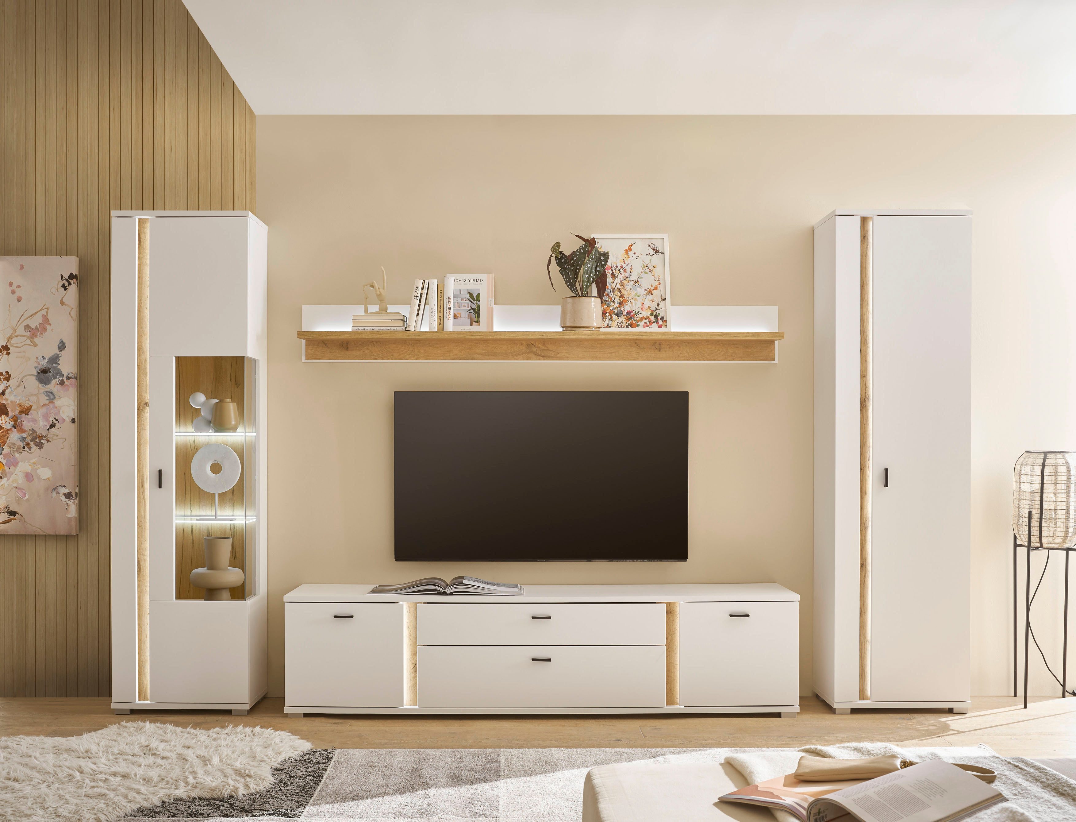 Home affaire Wohnwand LONG ISLAND, (Set, 4-St), in moderner Trendfarbe,inklusive senkrechter Beleuchtung,Breite 330 cm