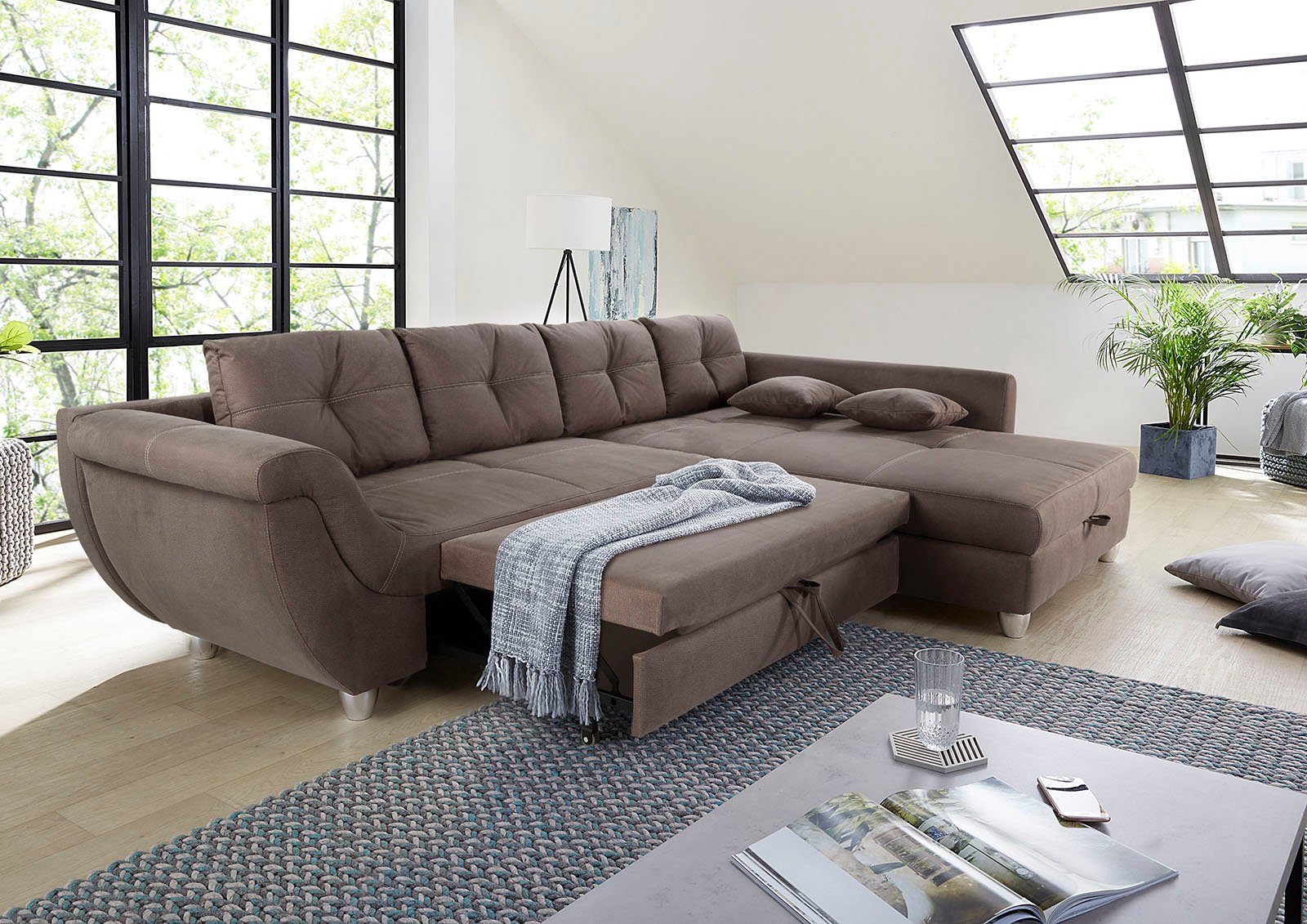 und Gästebett- mit Jockenhöfer Gruppe Relaxfunktion, großem Nosagfederung Ecksofa braun Maranello, Stauraum,