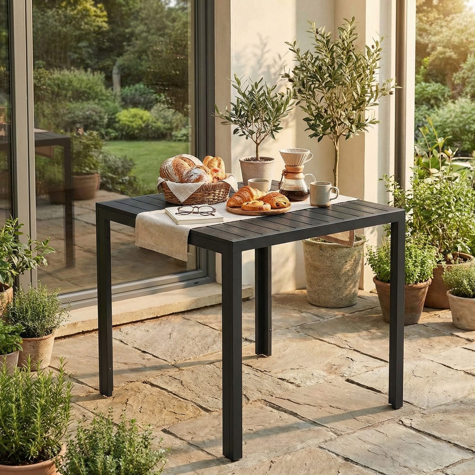 TLGREEN Gartentisch Aluminiumrahmen Quadratisch (75x75cm WPC Balkontisch Wetterfest, Quadratisch Terrassentisch, 1 Tisch), Esstisch Outdoor, Hitze- und Wetterbeständig, rutschfest-schwarz