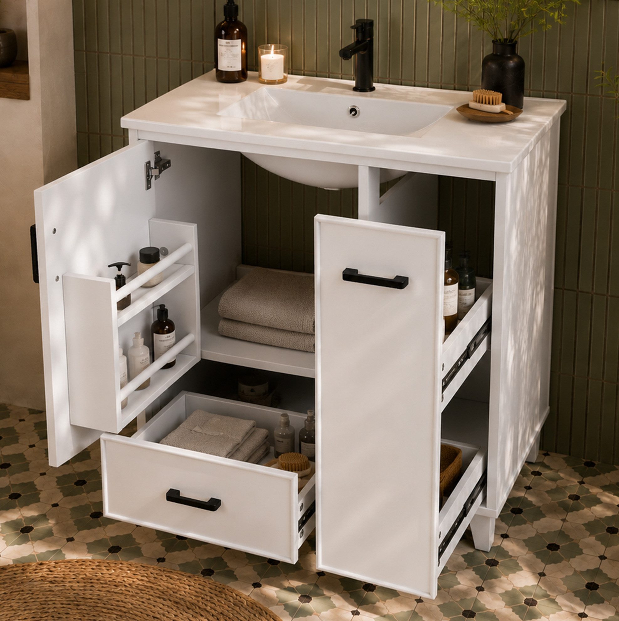 OKWISH Waschbeckenunterschrank Badezimmerschrank Badmöbel (76,5x47x82 cm mit integriertem Keramikwaschbecken, seitlichem Schubladenauszug mit 2 Ebenen und praktischem Türinnenfach) Badschrank