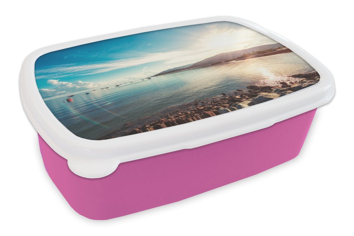 MuchoWow Lunchbox Meer - Boot - Berg, Kunststoff, (2-tlg), Brotbox für Erwachsene, Brotdose Kinder, Snackbox, Mädchen, Kunststoff rosa