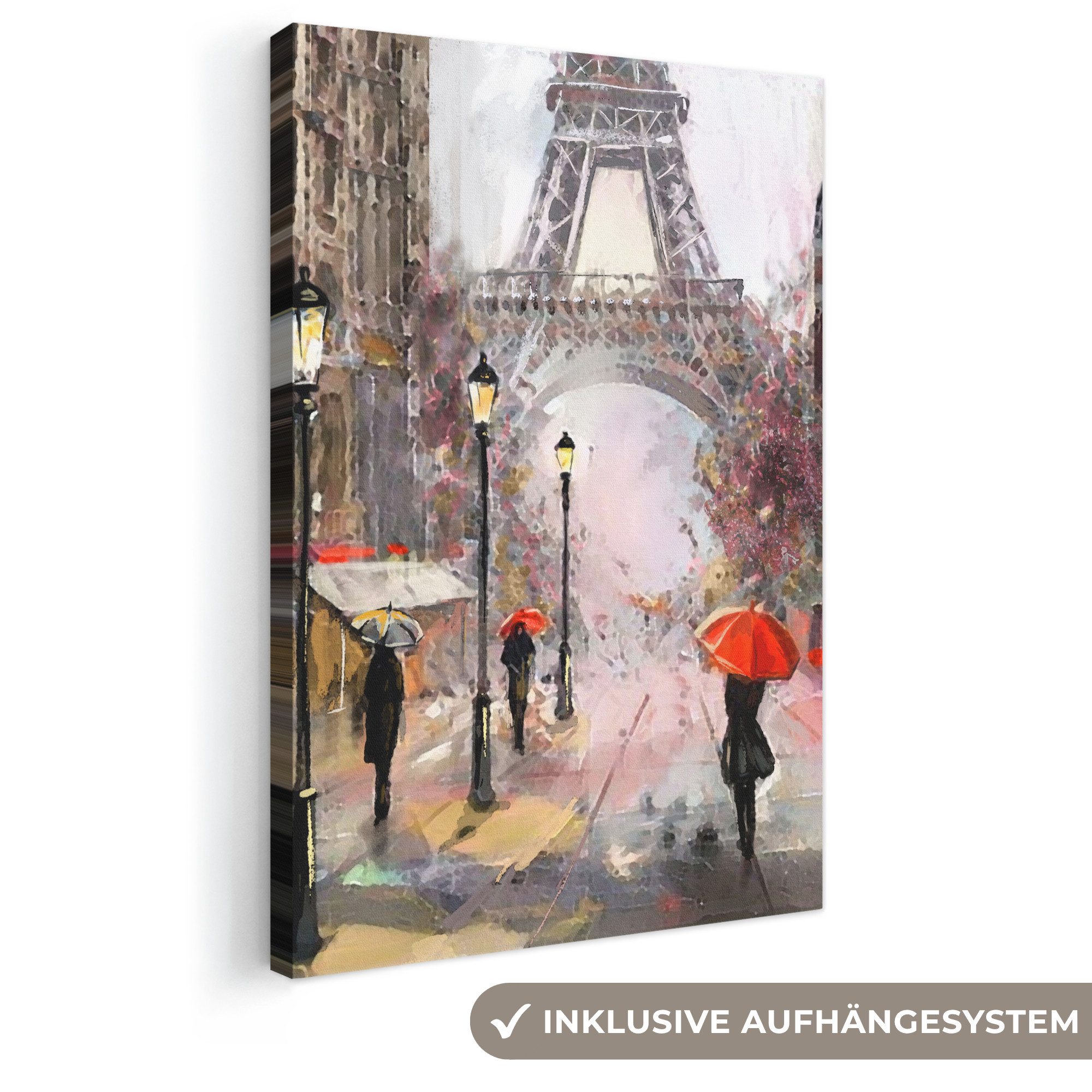 OneMillionCanvasses® Leinwandbild Kunstdrucke - Paris - Eiffelturm - Regenschirm - Ölfarbenoptik, Fotodruck (1 St), Leinwand Canvas Wandbild, Wanddekoration 20x30 cm