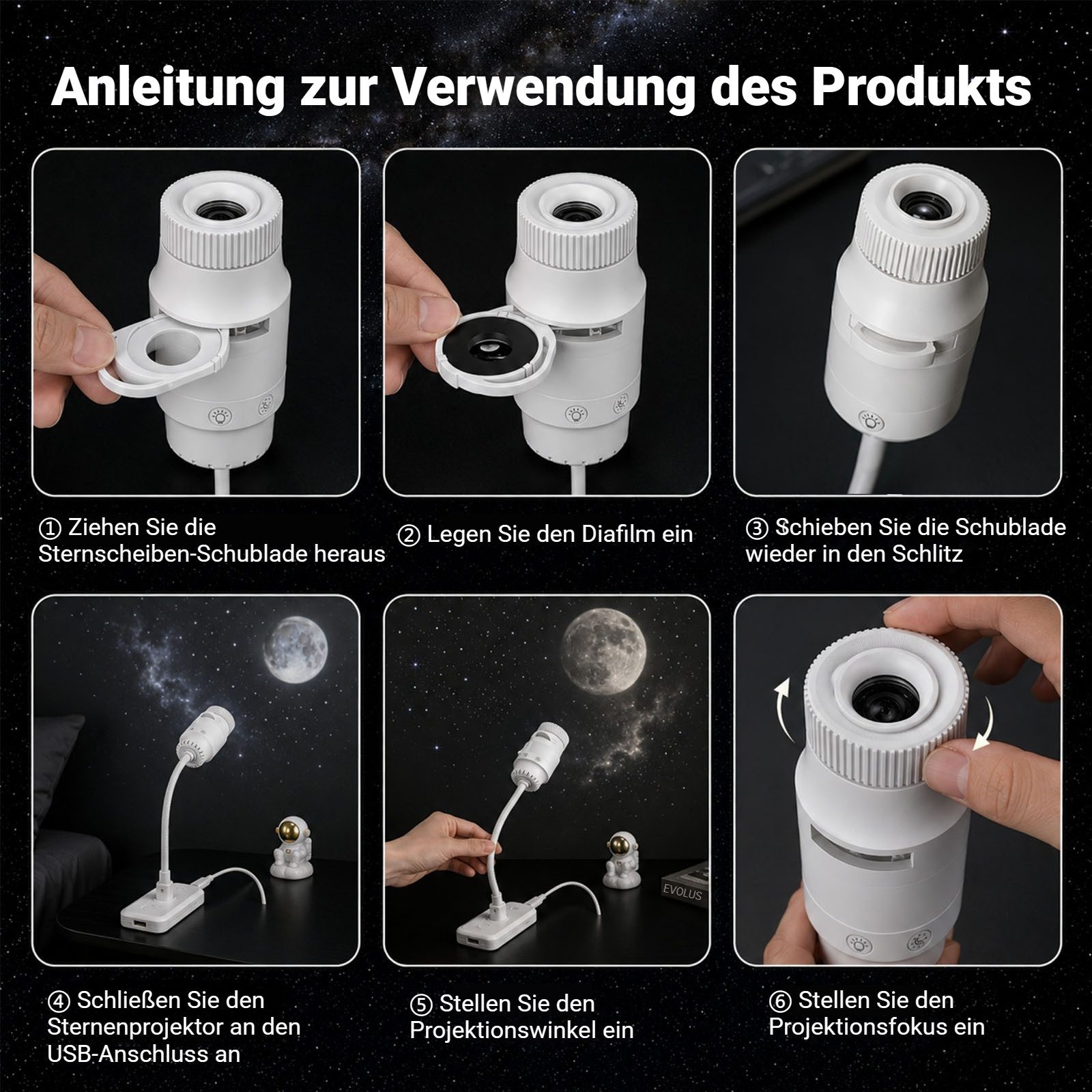 QUBEBU LED Nachtlicht Sternenhimmel Projektor USB Sternenprojektor mit 6 Projektionsfolien, Touch-Steuerung, LED fest integriert, Galaxy Starry Deckenprojektor  – Bild 5 von 5