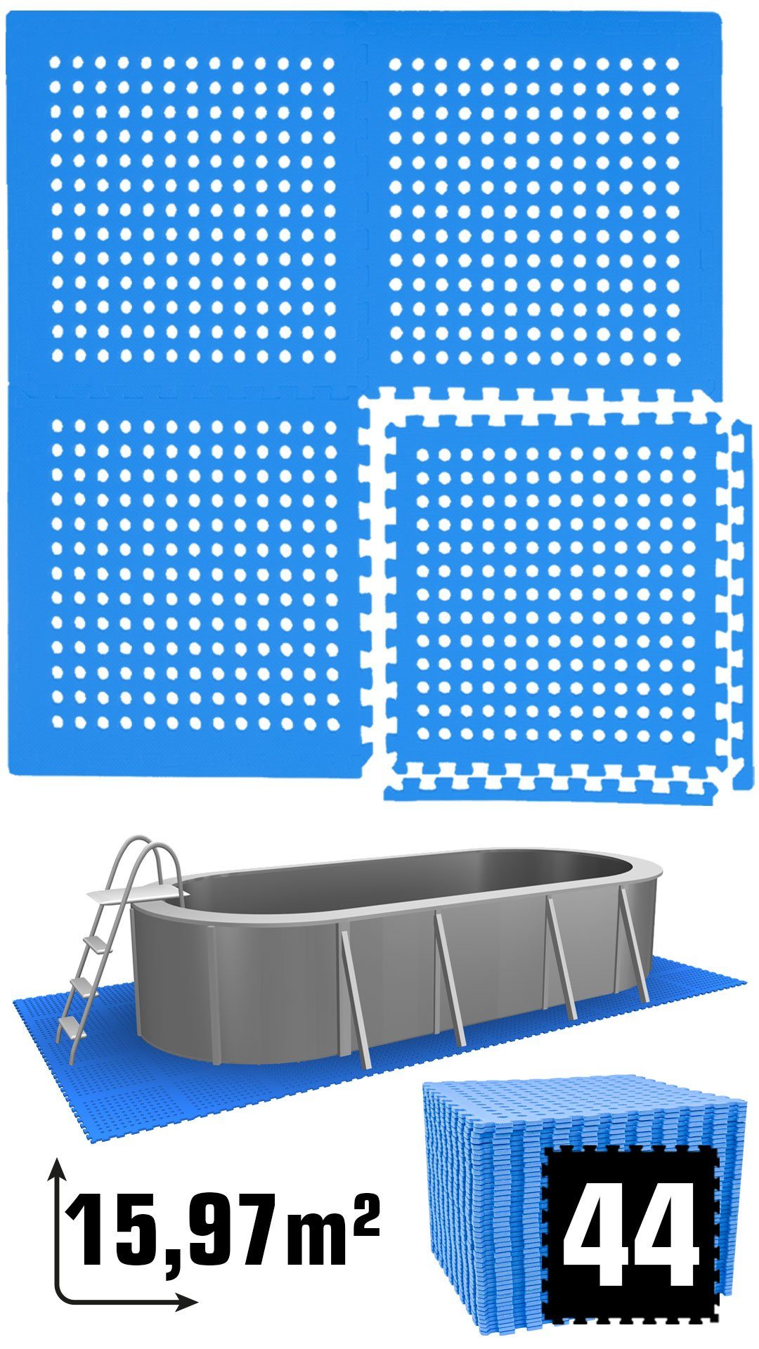 eyepower Pool-Bodenschutzfliese 16 m² Poolmatte aus 44 großen EVA Matten - Rutschfeste Poolunterlage, 1 cm dicke Bodenfliesen - 62 x 62 Unterlegmatten - Whirlpool Unterlage