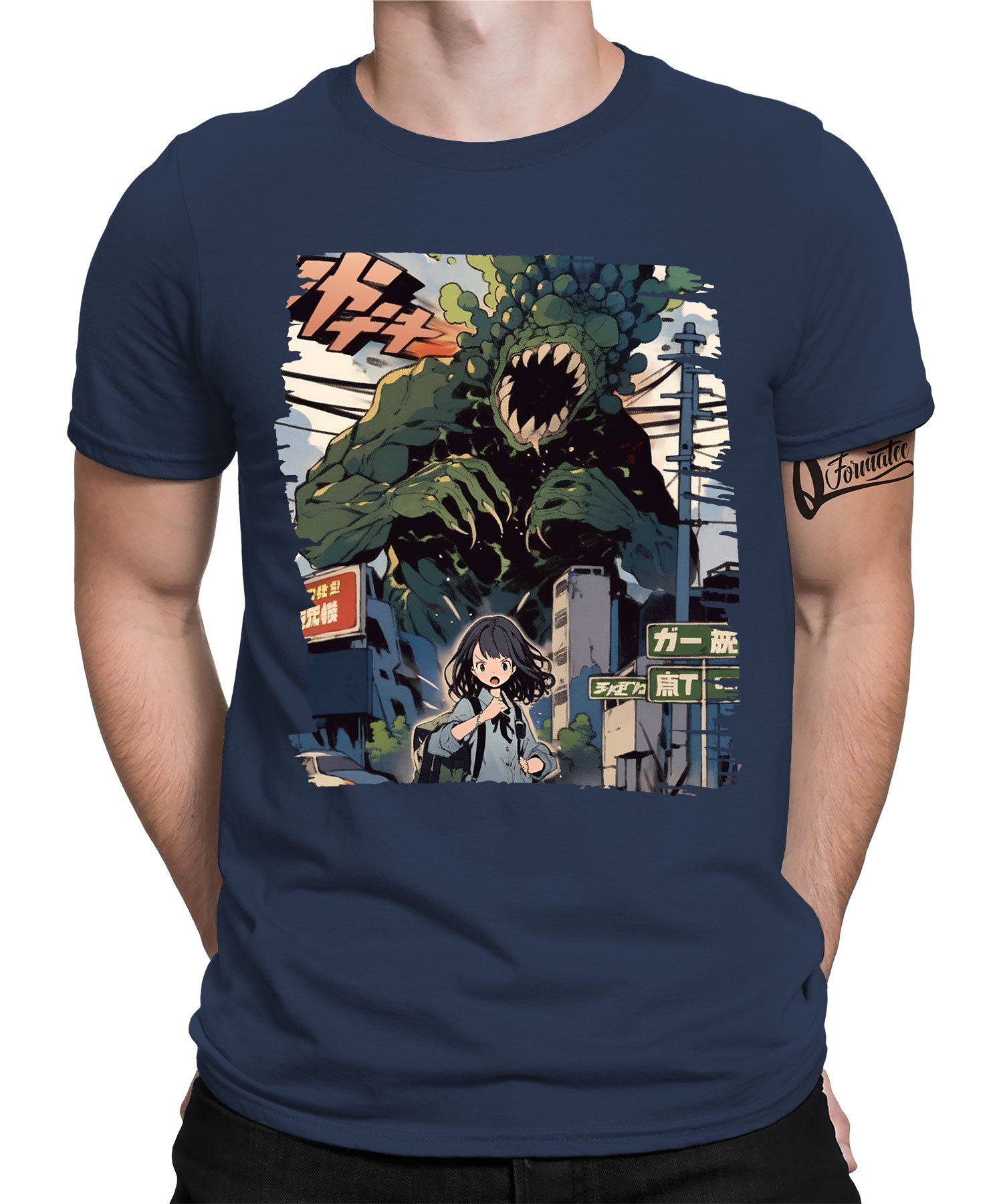 Quattro Formatee Kurzarmshirt Japanese Japan Kaiju - Anime Japan Ästhetik Herren T-Shirt (1-tlg) Navy Blau