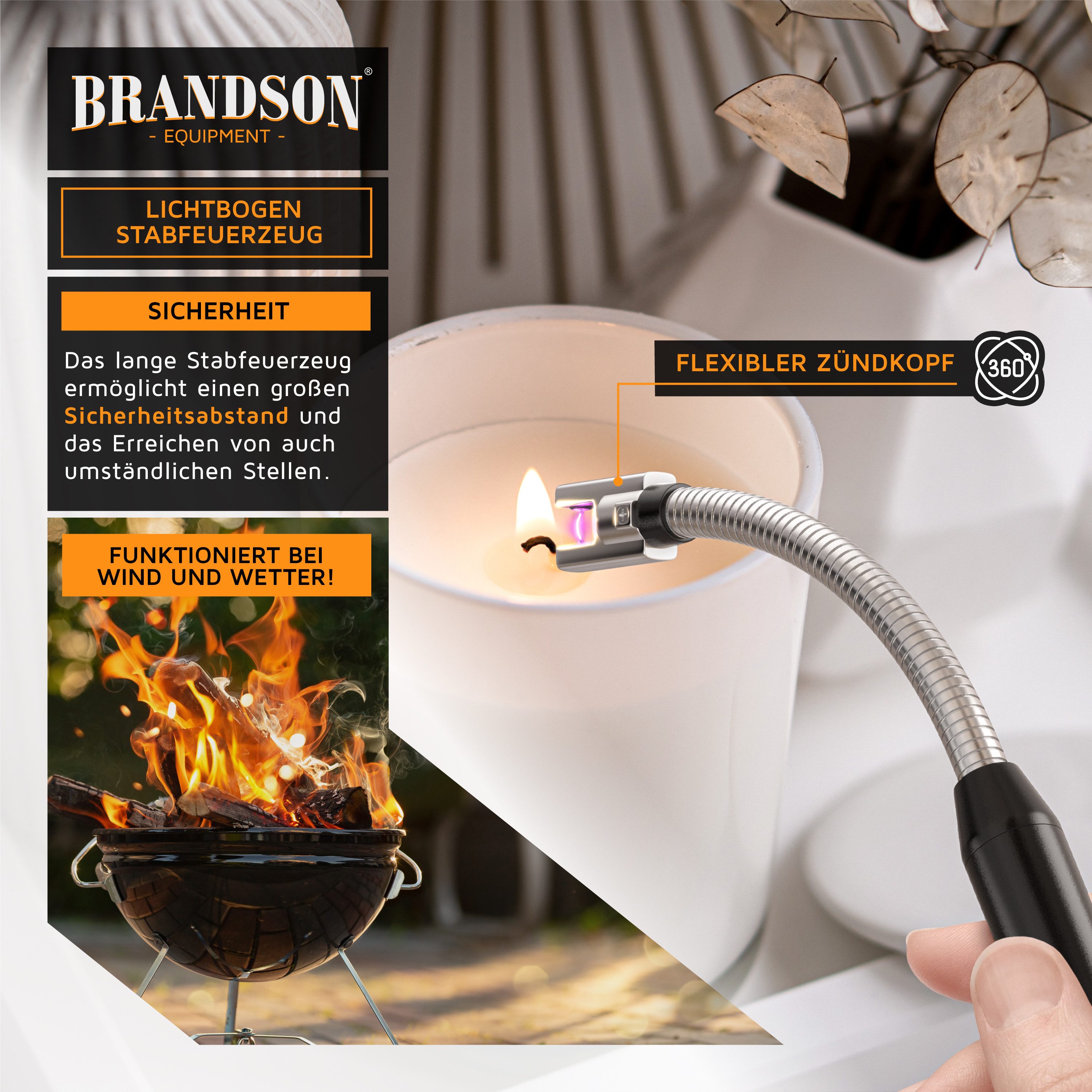 Brandson Feuerzeug elektrisch, Lichtbogen Stabfeuerzeug USB aufladbar, USB-C aufladbar, flexibler Hals für, Kerzen, Gasherde, Grill, Kamin