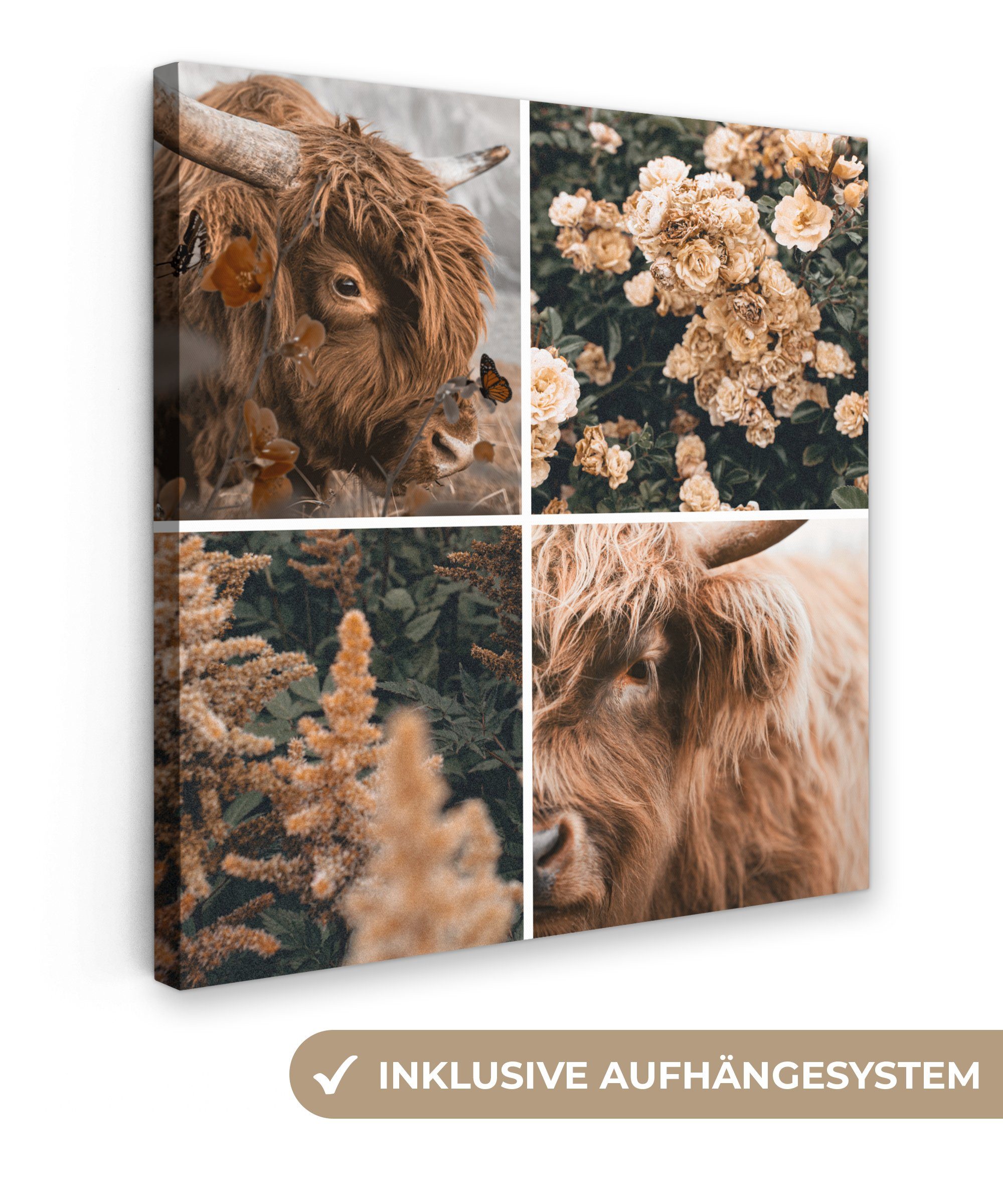 OneMillionCanvasses® Leinwandbild Schottischer Highlander - Collage - Herbst, (1 St), Leinwand Bilder für Wohnzimmer Schlafzimmer, 20x20 cm