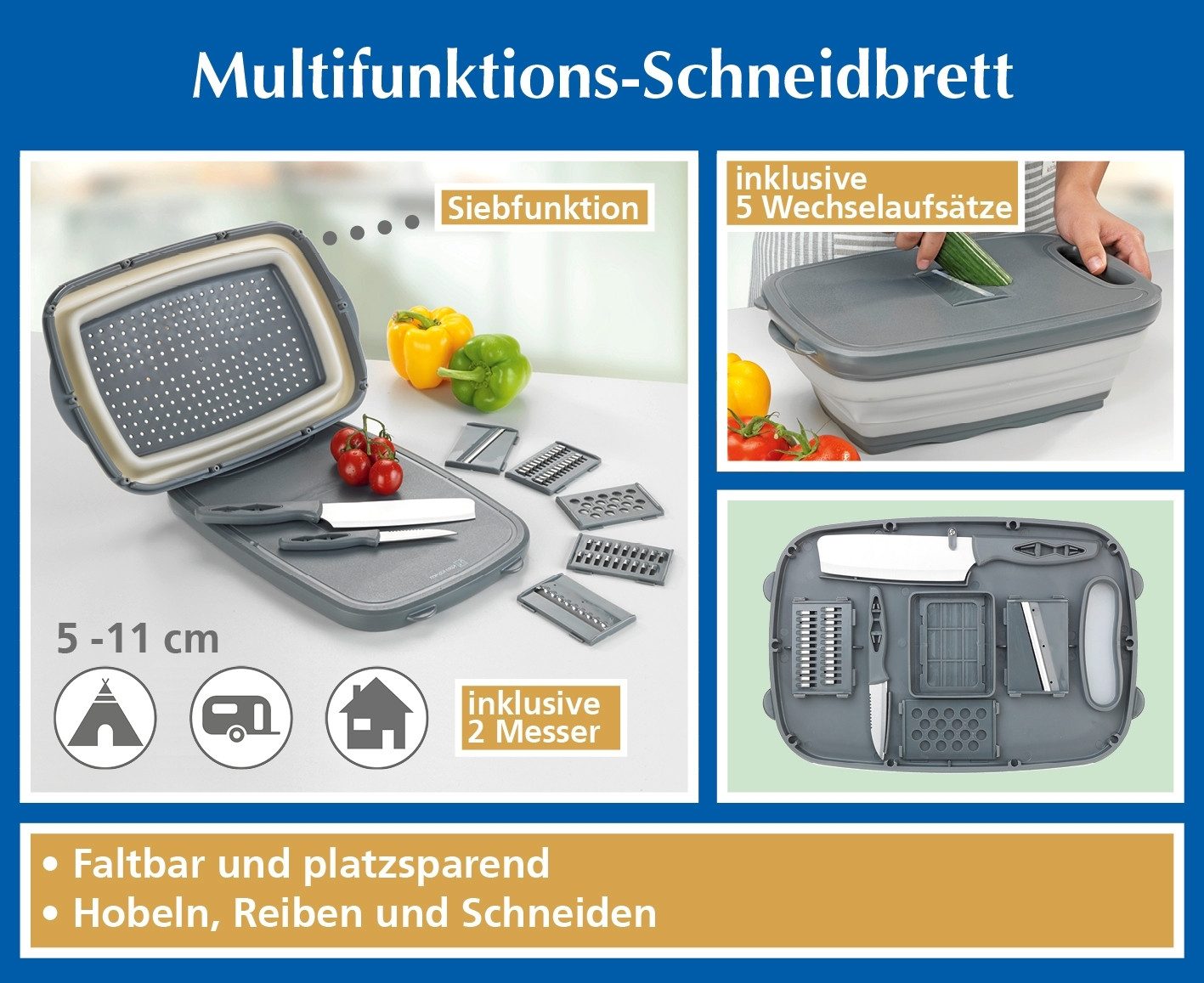 Maximex Schneidebrett Multifunktions Küchenhelfer 10in1 Schneidbrett Korb Sieb 5 Hobel-/Reib, Graue Bestandteile: Polypropylen, Weiße Bestandteile: TPE, Messer: Edelstahl rostfrei, (10-St)