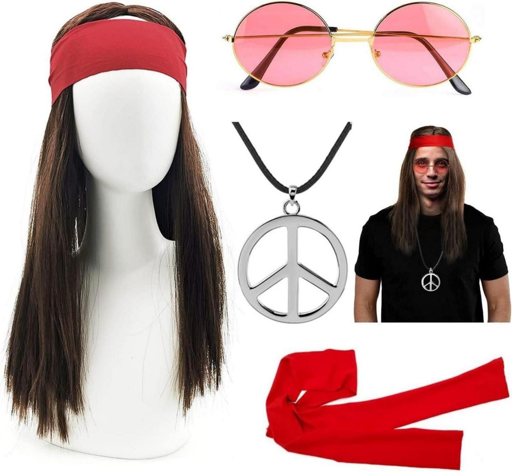 Dekohänger Hippie Kostüm Set 4tlg. Perücke Sonnenbrille Peace Halskette Stirnband