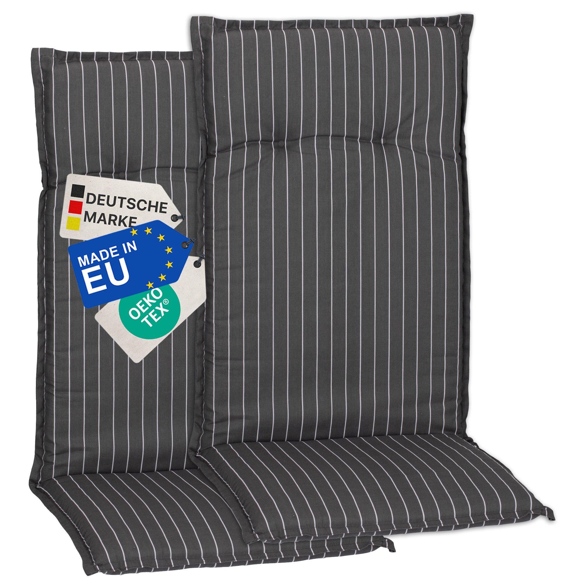 NYVI Hochlehnerauflage Hochlehner Auflagen 2er Set Barcelona - Gartenstuhlauflagen 118x50cm, (2 St), Stuhlauflage, Sitzauflage mit Halteband, UV-fest, Streifen gestreift