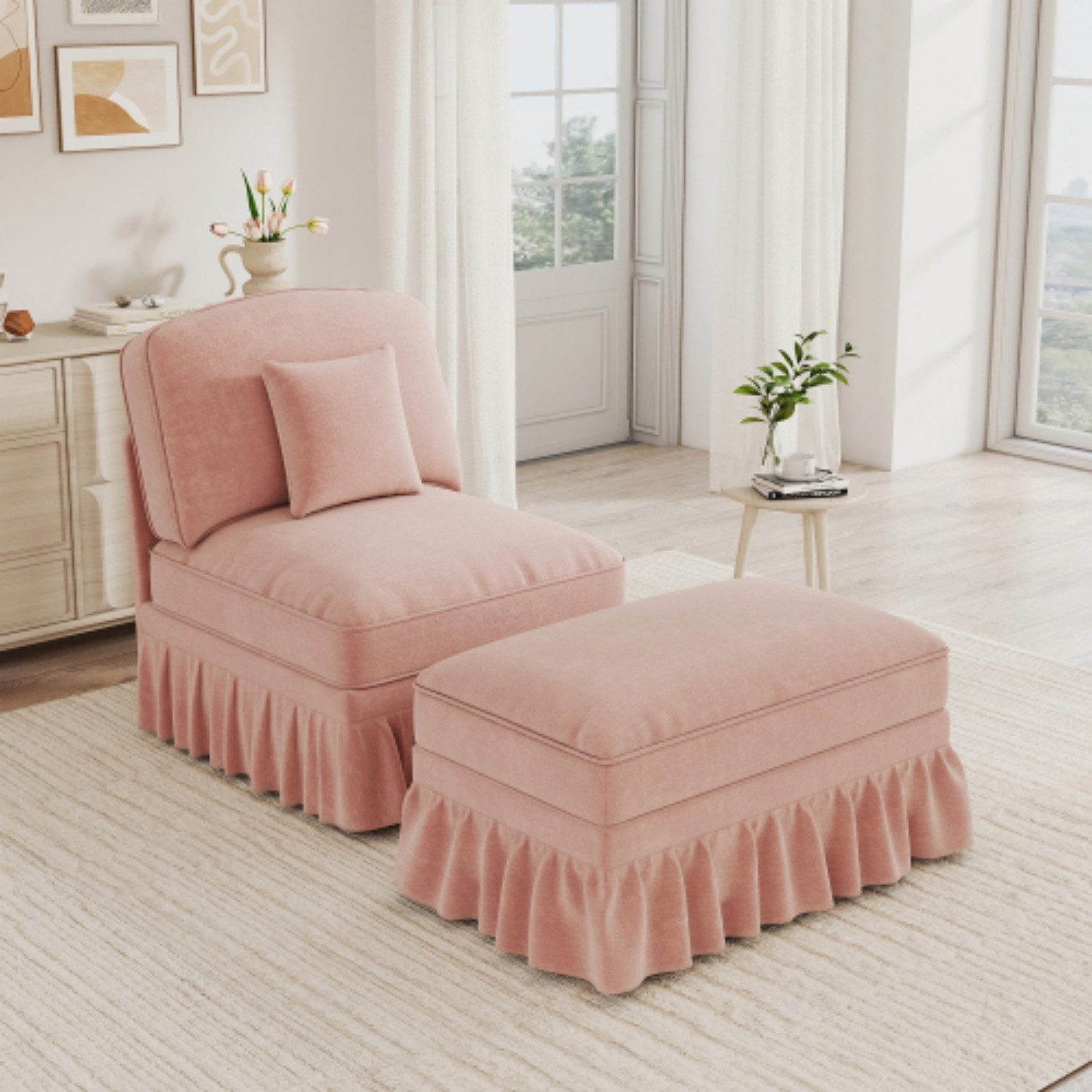 ANYSUN Loungesessel Relaxstuhl mit Hocker & Kissen, für Wohn- und Schlafzimmer (bestehend aus Sessel und Hocker), Chenille-Bezug, abnehmbarer Volant, tiefer Sitz, belastbar bis 230 kg
