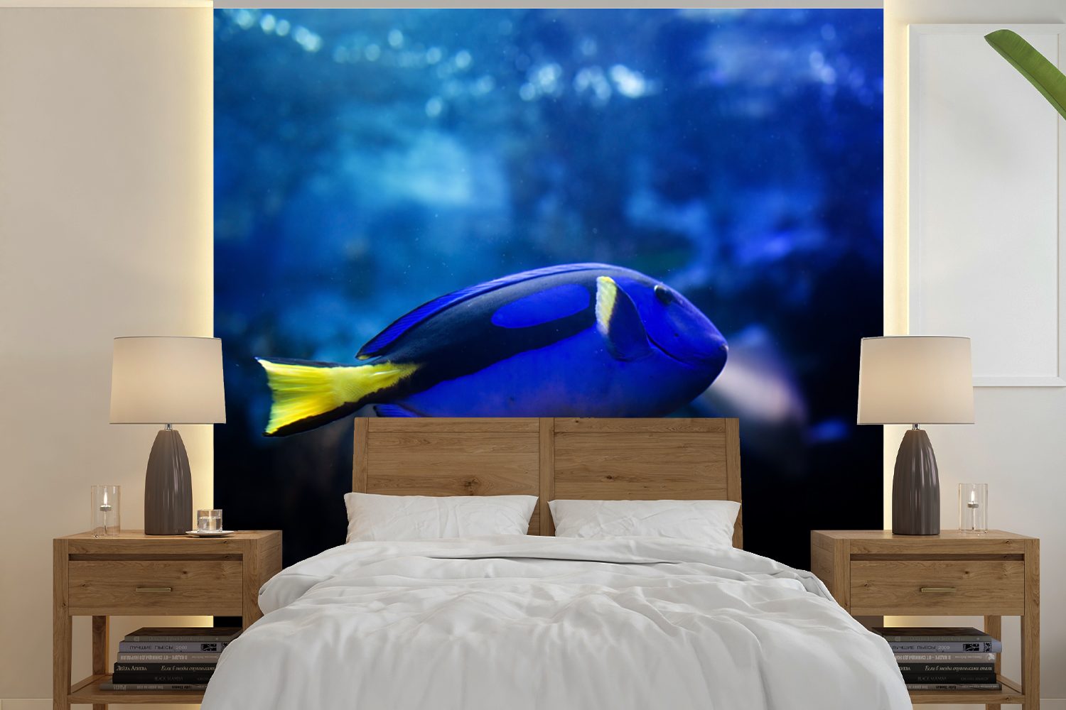 MuchoWow Fototapete Blauer Fisch im Aquarium, Matt, bedruckt, (5 St), Vinyl Tapete für Wohnzimmer oder Schlafzimmer, Wandtapete