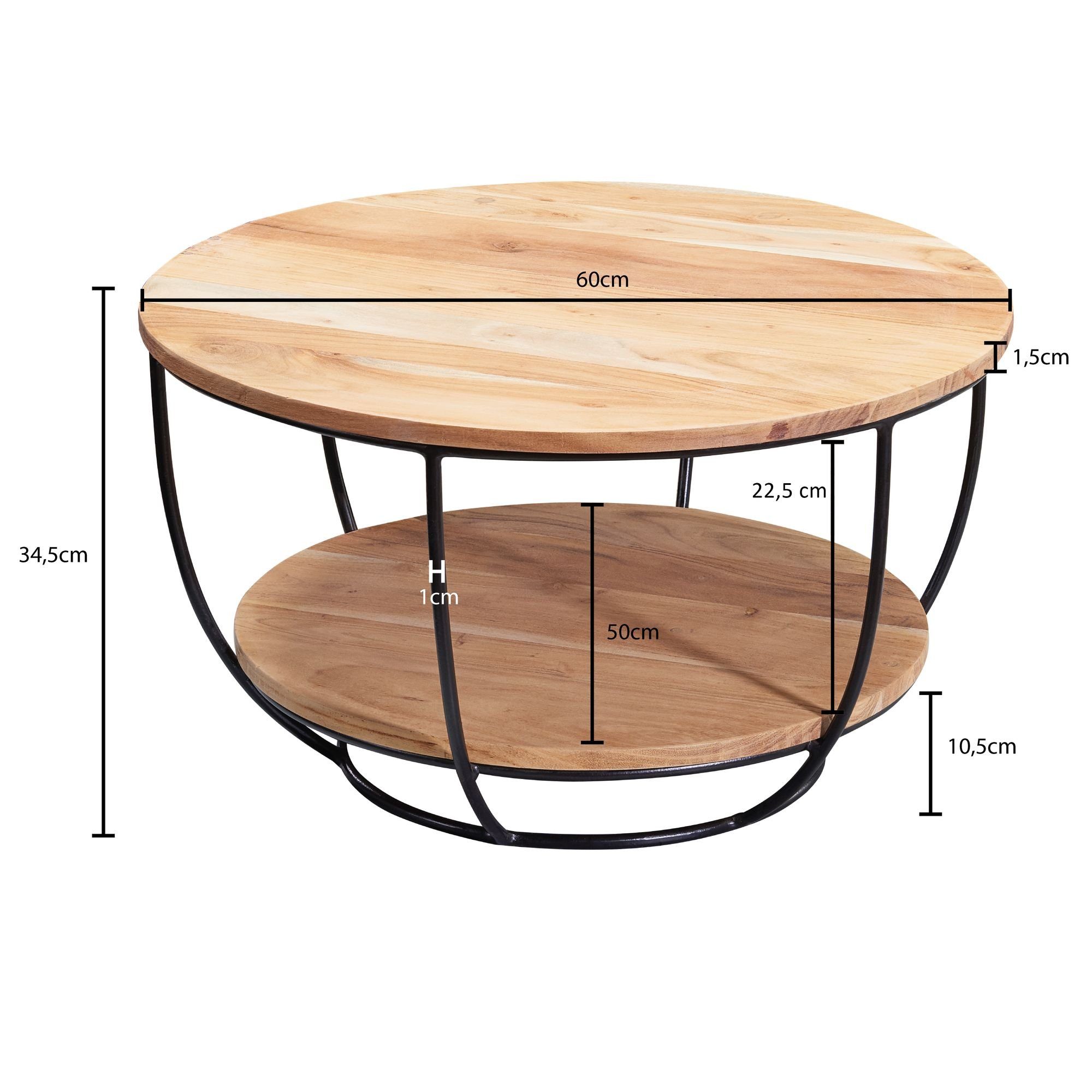 lovingHome® Couchtisch Couchtisch 60x34,5x60 cm Akazie Massivholz (1 Stück, 1 Couchtisch), Im angesagten Industrial-Stil