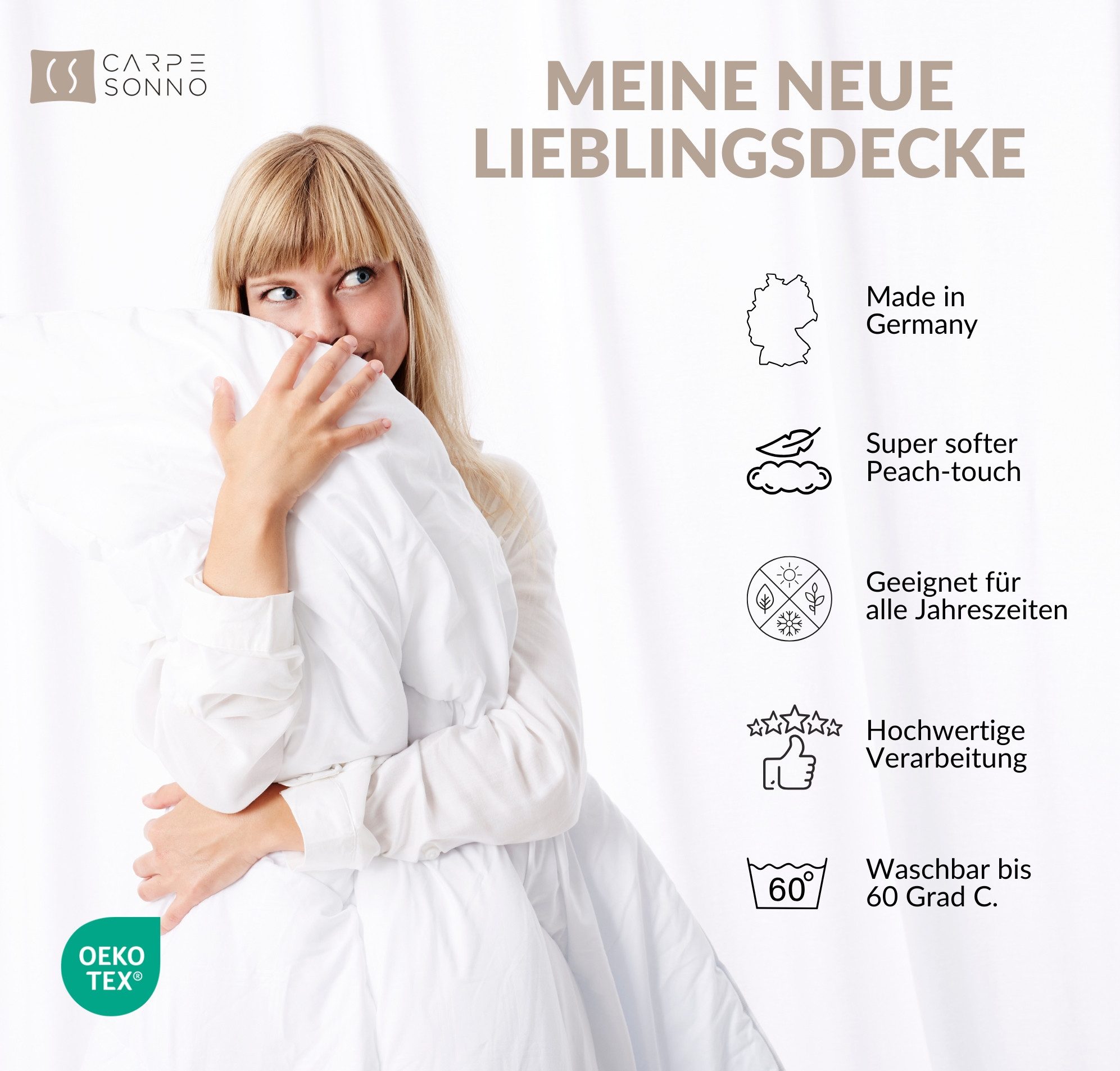 Carpe Sonno Microfaserbettdecke 4 Jahreszeiten Bettdecke Winter Sommer 135x200 155x220 200x200 200x220, Füllung: Thermofill/Hohlfaser silikonisiert, Bezug: Microfaser-Feinbatist, MADE IN GERMANY: Winterdecke + Sommerdecke + Ganzjahresdecke 135x200