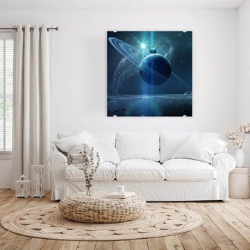 Primedeco Glasbild Wandbild Quadratisch Planeten im Raum mit Nebel mit Aufhängung, Weltall