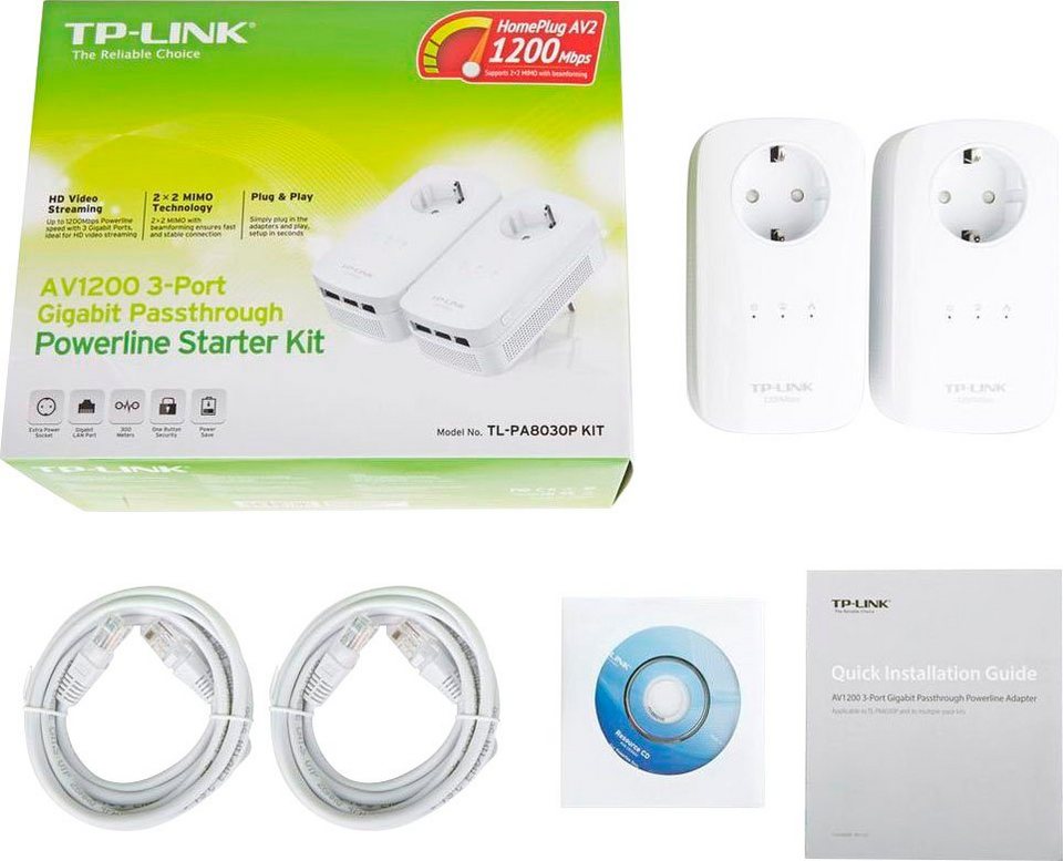TP-Link TL-PA8030P KIT AV1200 Powerline Starter Kit Netzwerk-Adapter, 200  cm, 3 Gigabit-LAN-Ports für eine schnelle Einbindung