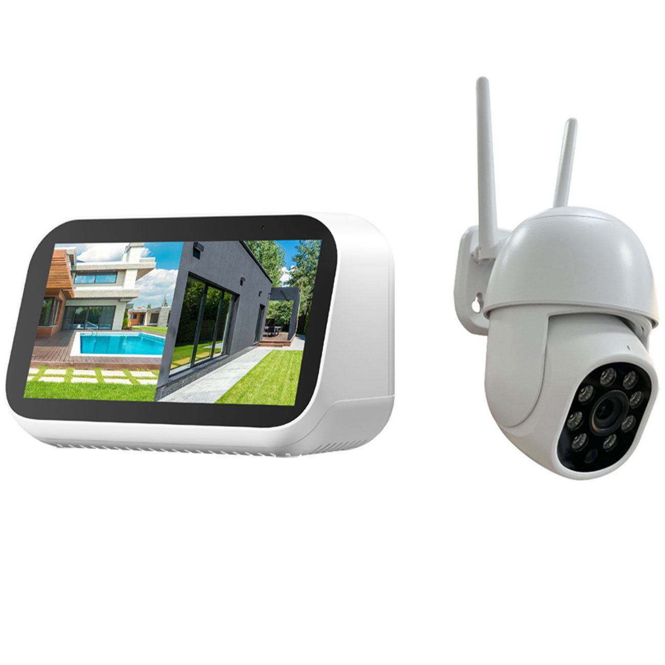 Technaxx Überwachungskamera 3MP HD Mini Überwachungskamera-Set App, 355° PTZ Touchscreen-Monitor (2-tlg., 2 tlg.-Set, WLAN-Außenkamera Farb-Nachtsicht, IP65, App-Steuerung)