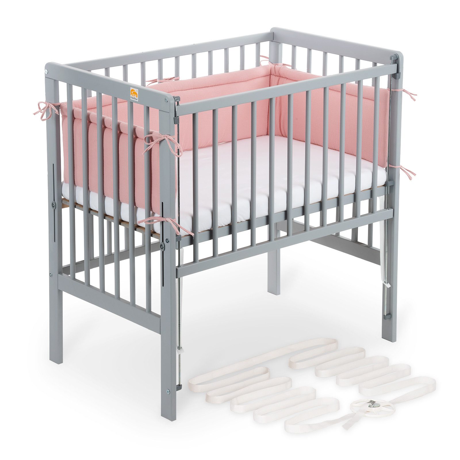 FabiMax Beistellbett Beistellbett Flex 90x55, TÜV geprüft, aus Buchenholz grau lackiert, stufenlos höhenverstellbar, passend für Boxspringbetten, 2 in 1