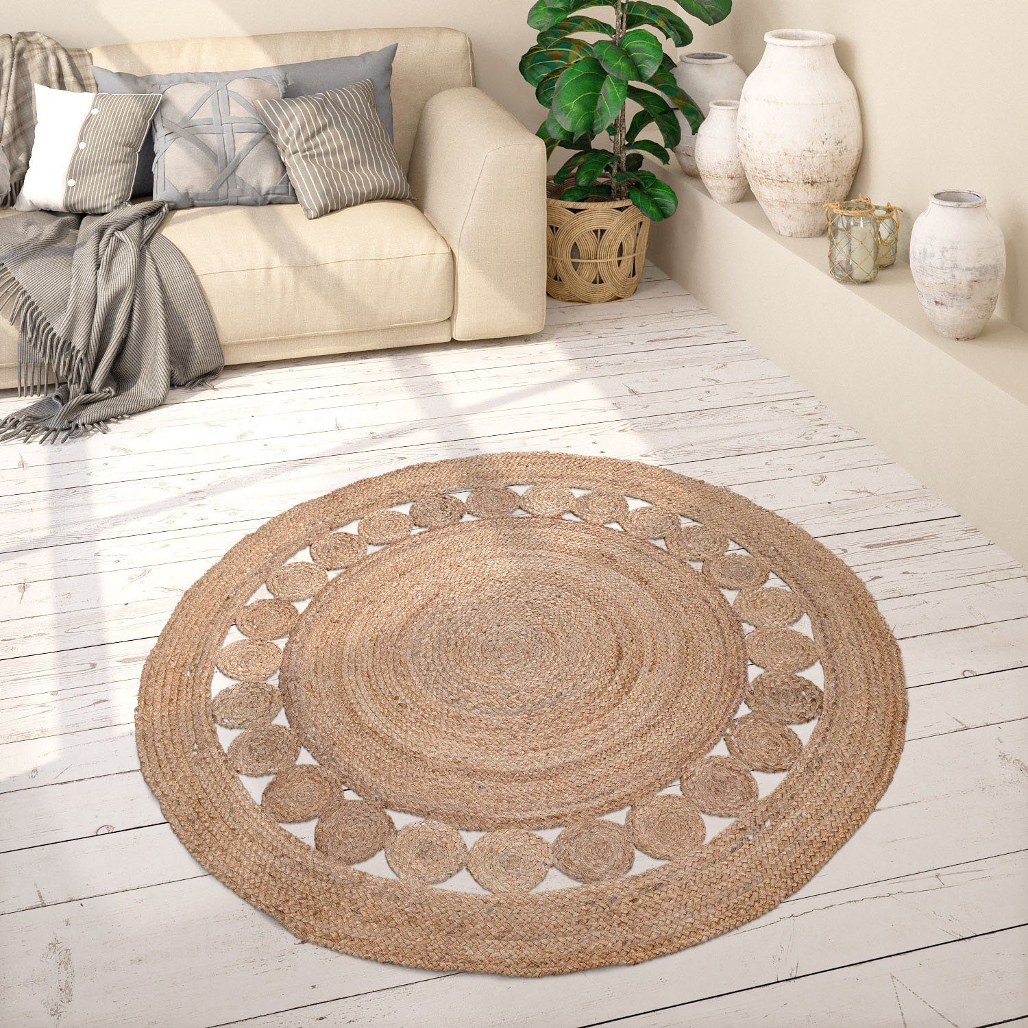 Paco Home Teppich Viborg 593, rund, Höhe: 13 mm, Jute, Modern, Boho, Ethno, günstig online kaufen