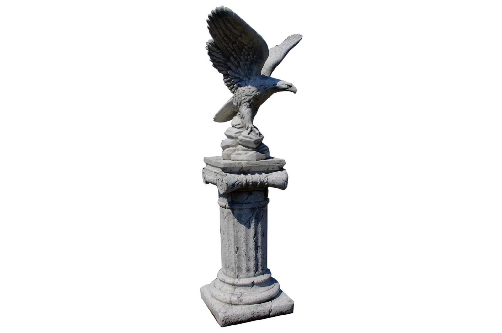 Antikes Wohndesign Gartenfigur Adler mit Standsäule Greifvogel Falke Steinadler Weiß - Grau Höhe: