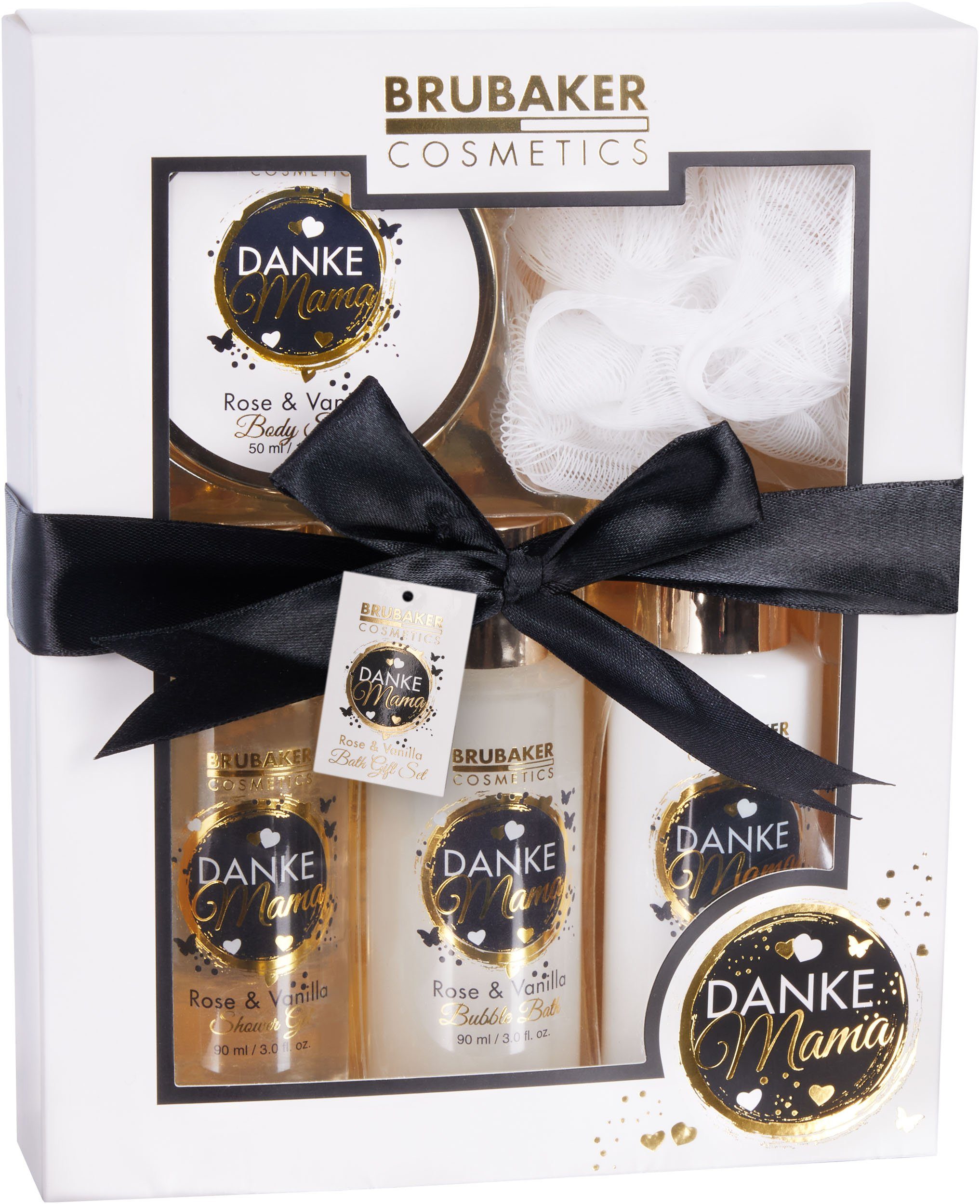 BRUBAKER Pflege-Geschenkset Danke Mama - Dusch- und Badeset mit Rosen Vanille Duft, 5-tlg., Mutter Geschenkset mit Peeling Schwamm - Pflegeset Weiß Gold