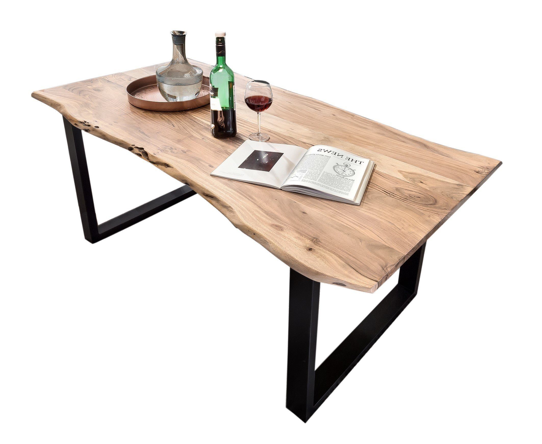 SAM® Baumkantentisch Lennart (1 Tischplatte, 1 Gestell), massives Akazienholz, Baumkante, Metallgestell U-Form, bis 3 Meter