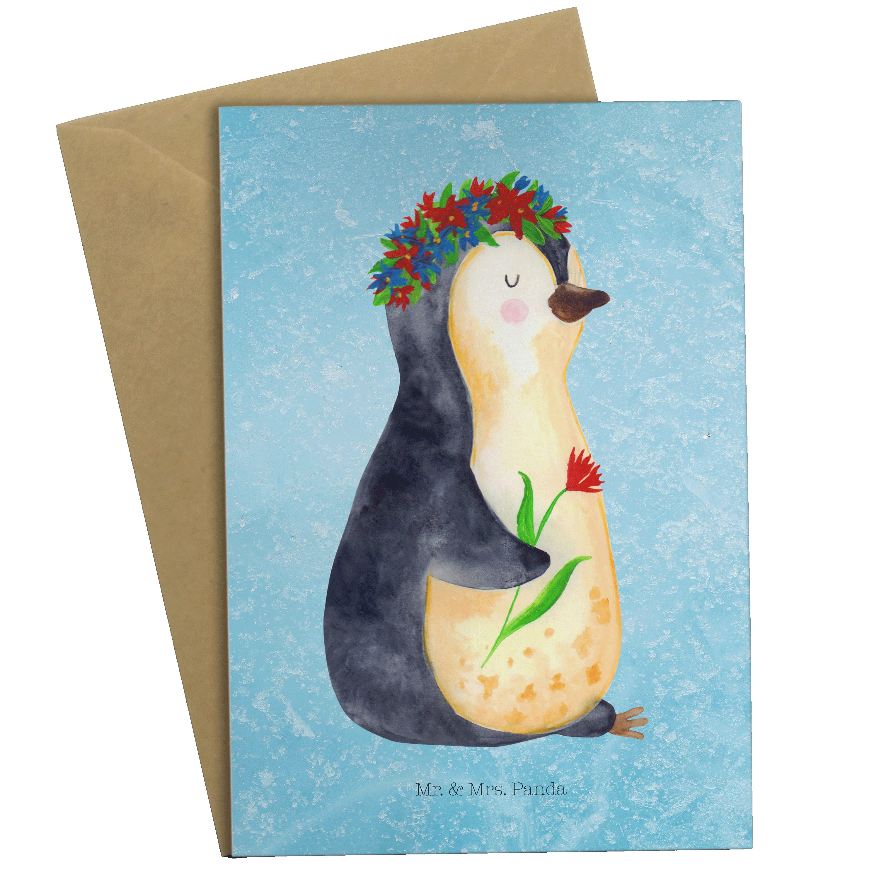 Mr. & Mrs. Panda Grußkarte Pinguin Blumenkranz - Eisblau - Geschenk, Wünsche, Glückwunschkarte