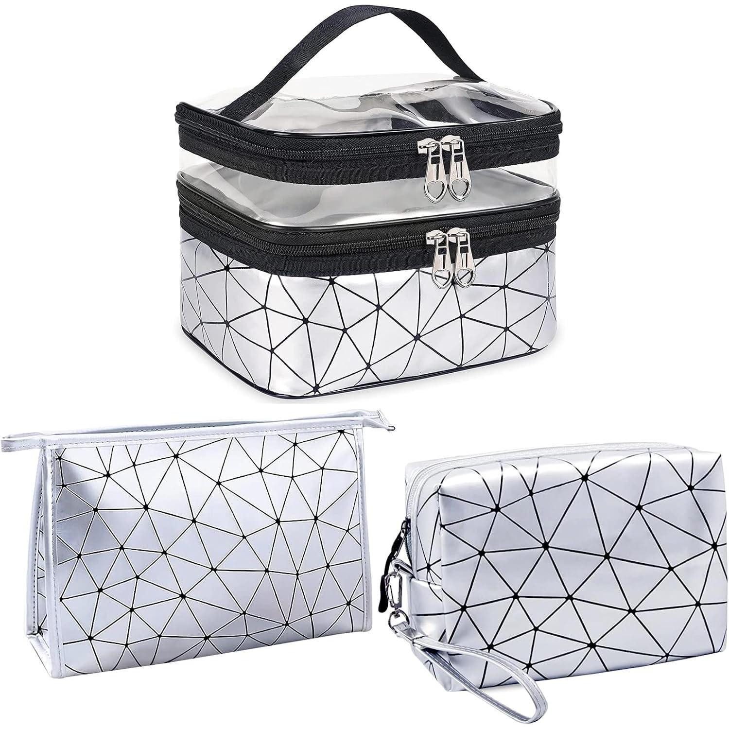 LuxusKollektion Kosmetiktasche Kosmetiktasche Damen 3er Set Transparent Schminktasche Sillber