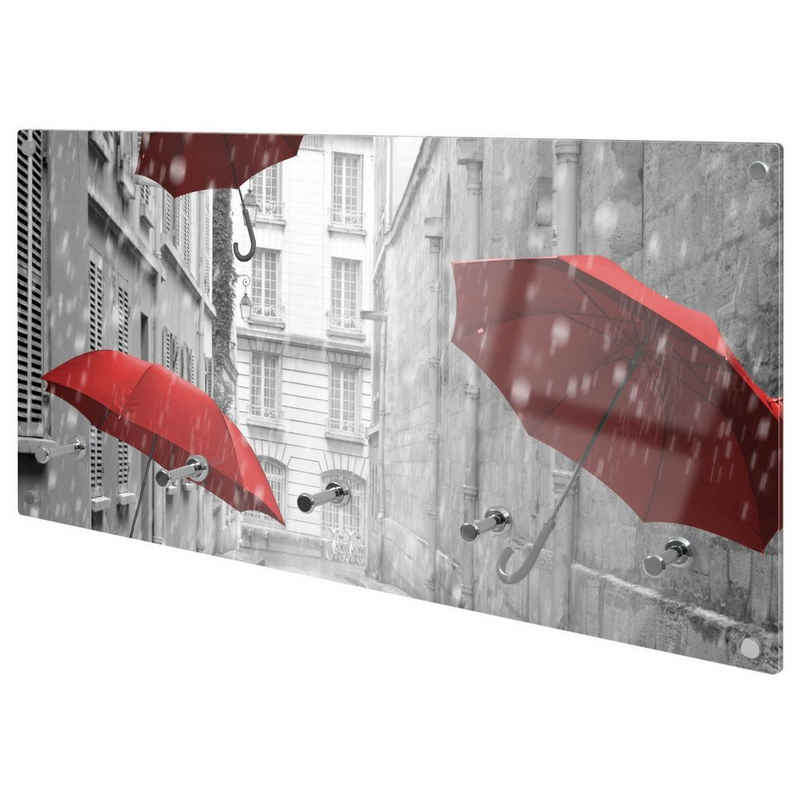 banjado Garderobenleiste Glas Rote Schirme (Wandgarderobe, mit verchromten Haken), inkl. Montagematerial