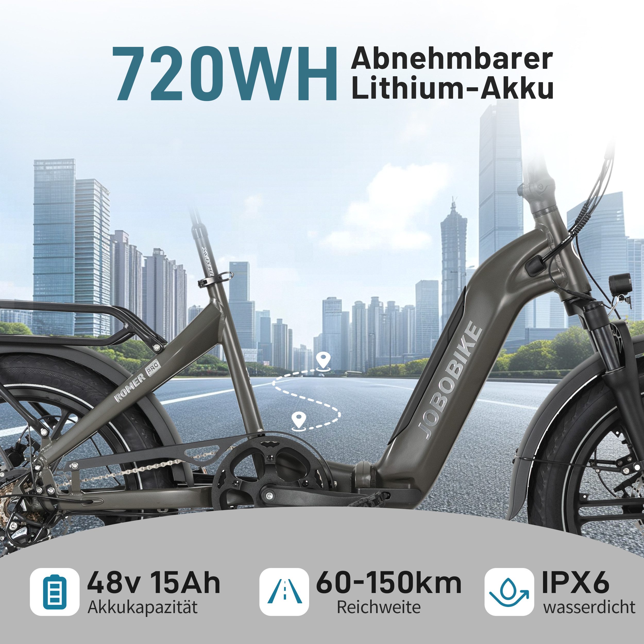 JOBOBIKE E-Bike Klapprad Damen&Herren 20x3" Pedelec Romer P 720Wh, 150km, hydr. Bremsen, 7 Gang Shimano, (mit abnehmbarem Akku, 5 Stufen, Aluminiumrahmen), faltbar, max. 80 N.m, Drehmomentsensor, gefederte Sattelstütze
