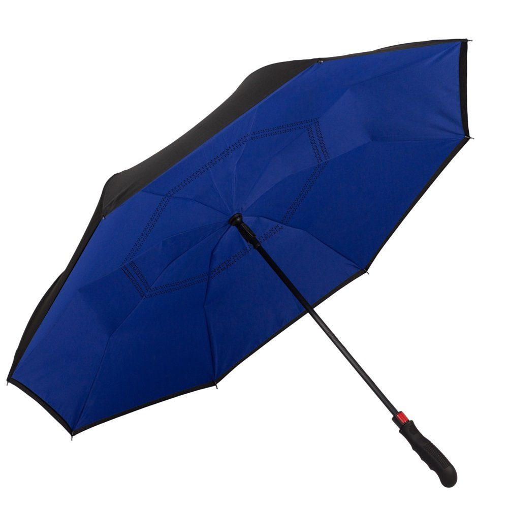 von Lilienfeld Stockregenschirm VON LILIENFELD Innovativer Regenschirm, Umgekehrte Öffnung, Selbst Stehend, Automatik, Doppelt bespannt, Sehr Stabil, Ergonomischer Griff, Remy, Die nasse Seite wird nach innen geklappt blau