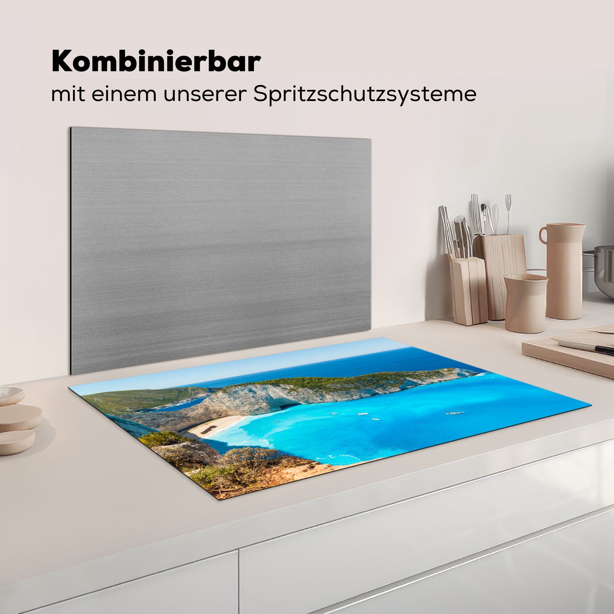 Herdblende-/Abdeckplatte MuchoWow Navagio für Schutz Griechenland, die Vinyl, am küche, Kalksteinklippen Induktionskochfeld Ceranfeldabdeckung von Strand (1 in tlg), cm, Die 81x52