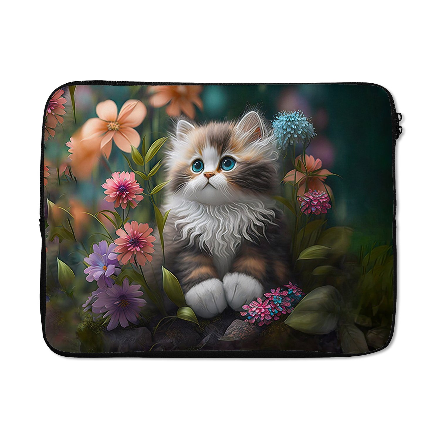 MuchoWow Laptop-Hülle Kätzchen - Illustration - Blumen - Natur - Katze 15 Zoll, Schutzhülle für Laptop, Schutz gegen Kratzern, Laptoptasche