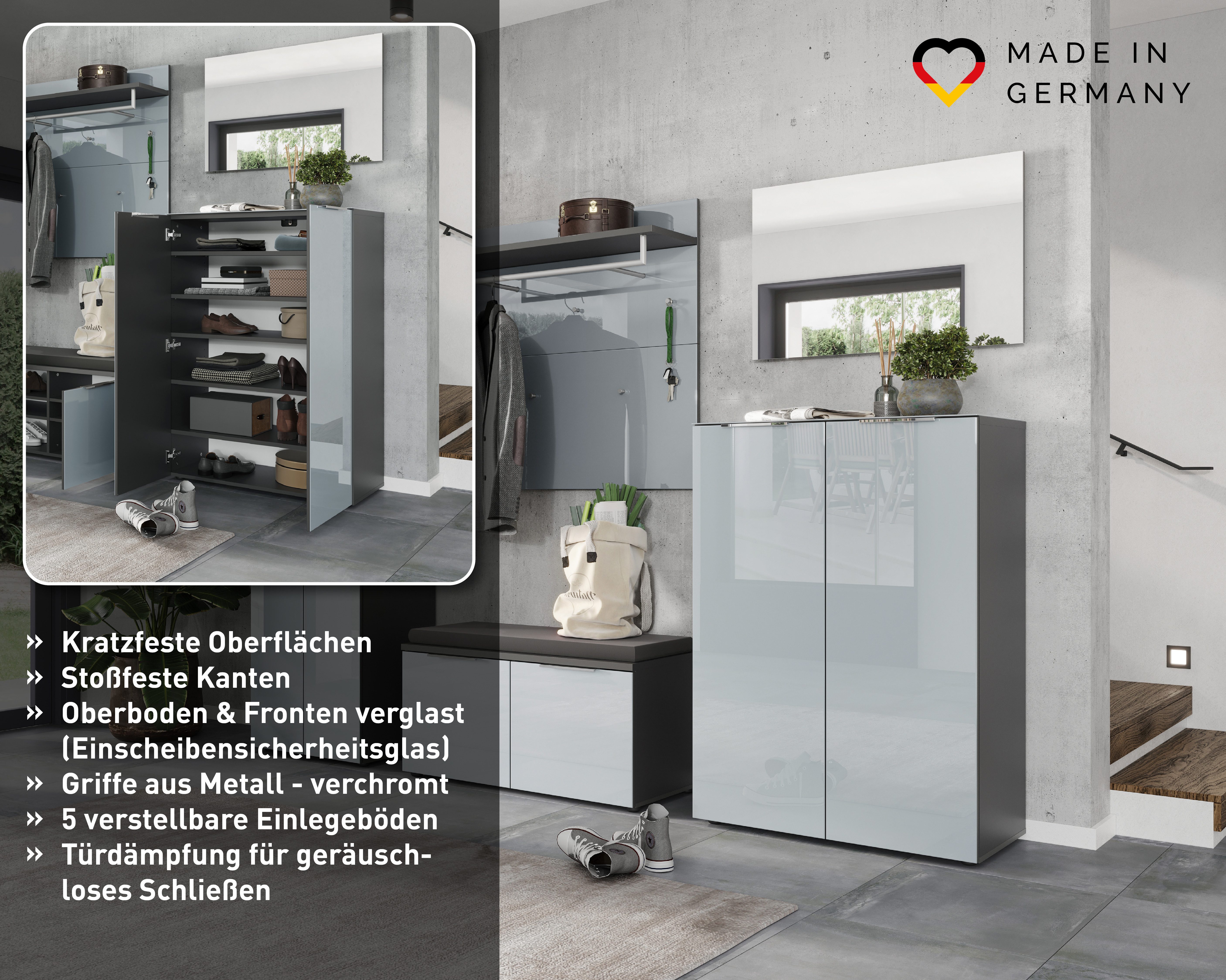 GERMANIA Schuhschrank Oakland mit Glasfront Breite: 87 cm, Türdämpfung, verstellbare Böden, Made in Germany
