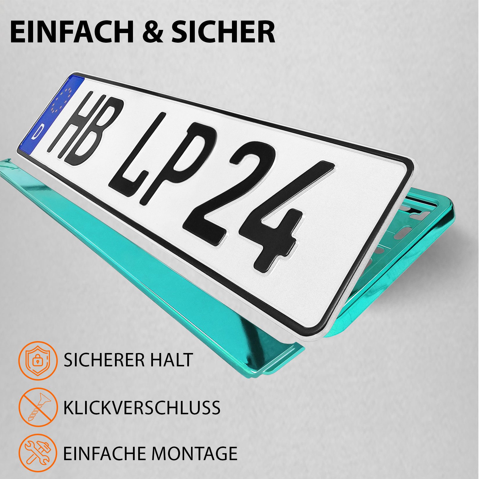 L & P Car Design Kennzeichenhalter für Auto Türkis-Chrom Kennzeichenhalterung, (2 Stück) – Bild 5 von 5