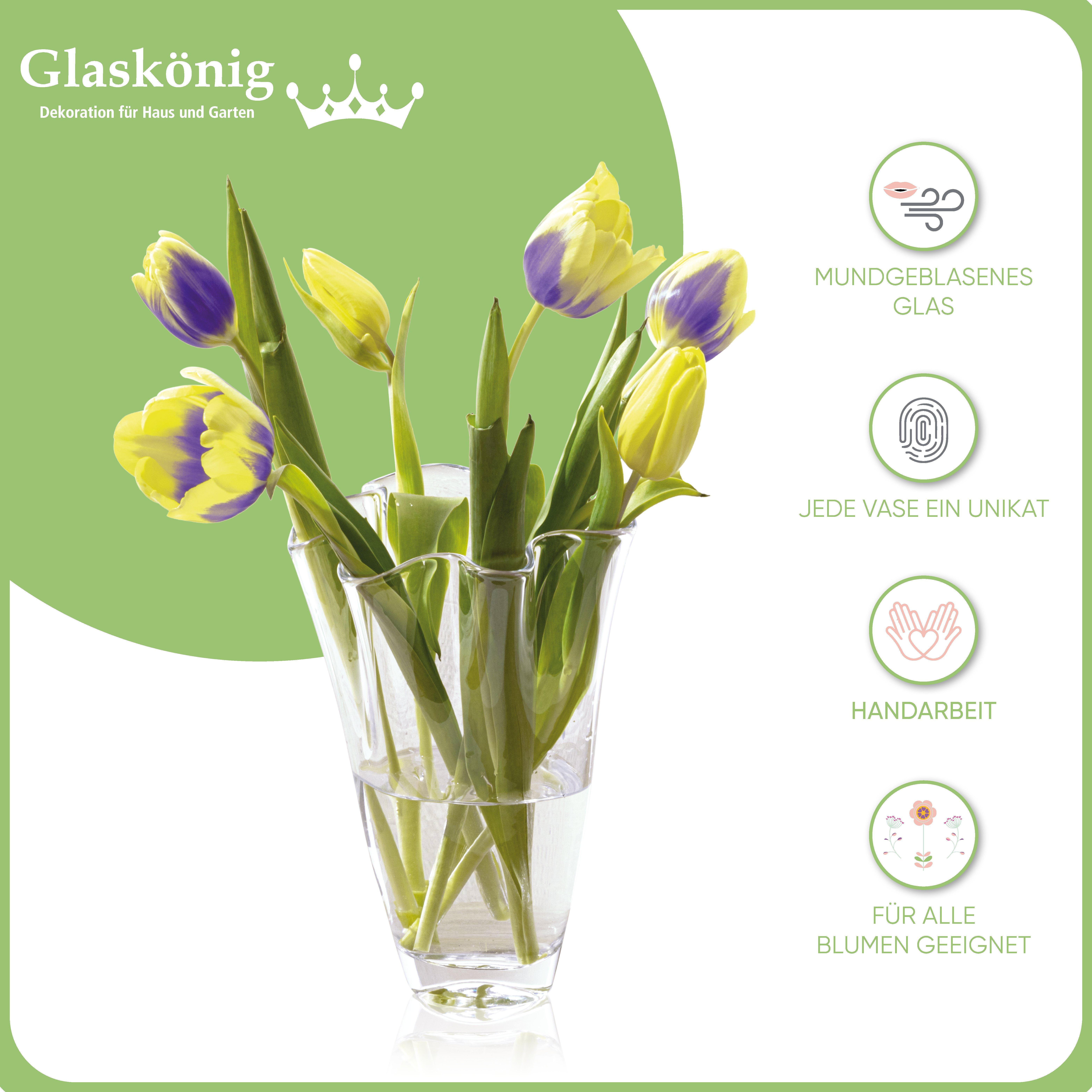 Glaskönig Tischvase Blumenvase aus Glas - Moderne Glasvase in Wellenform  als Tulpenvase, Ideal für Tulpen, Blumensträuße und einzelne Blumen