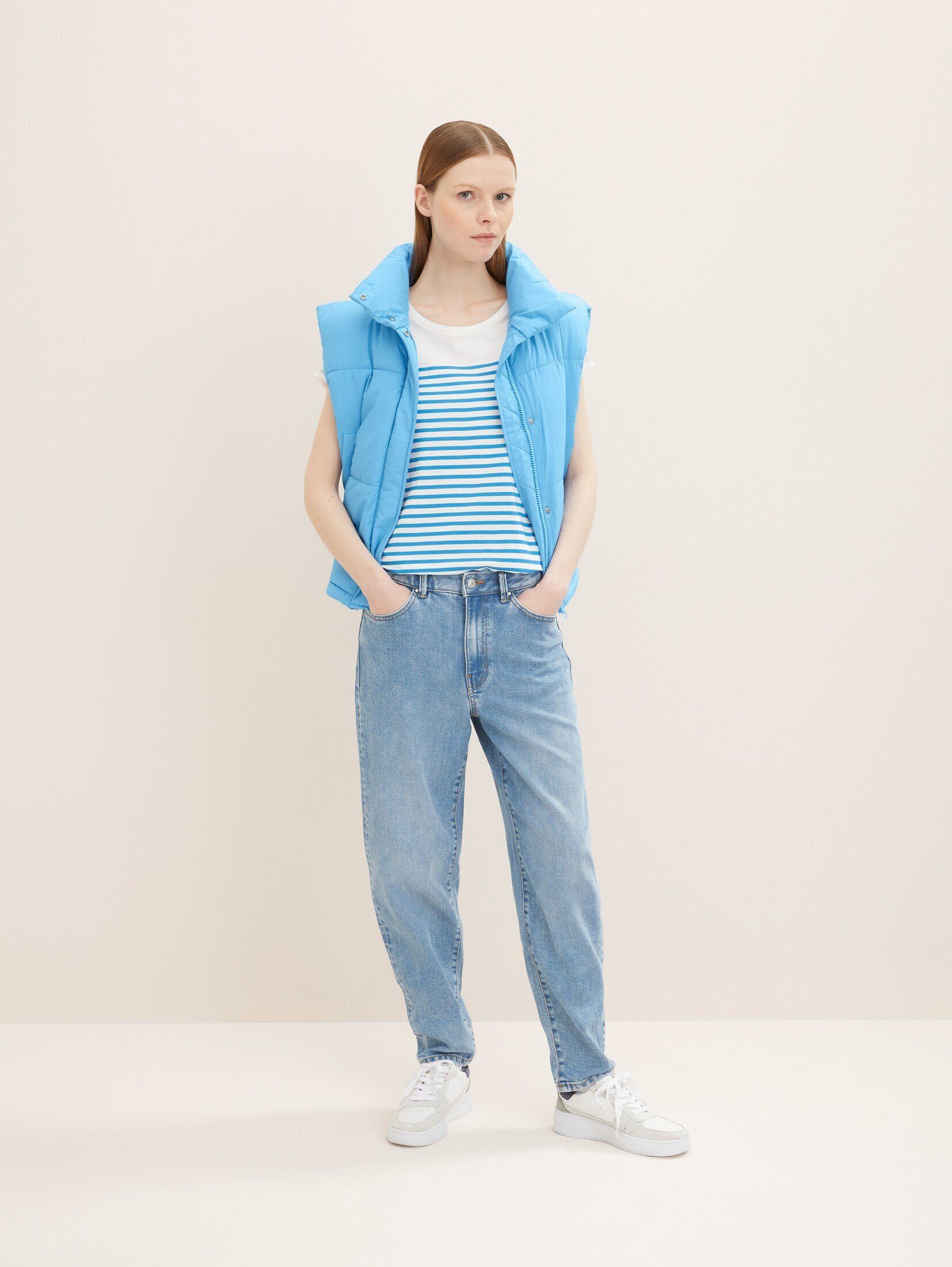 Denim white stripe mit blue Langarmshirt T-Shirt mid kleiner TOM Gestreiftes TAILOR Stickerei