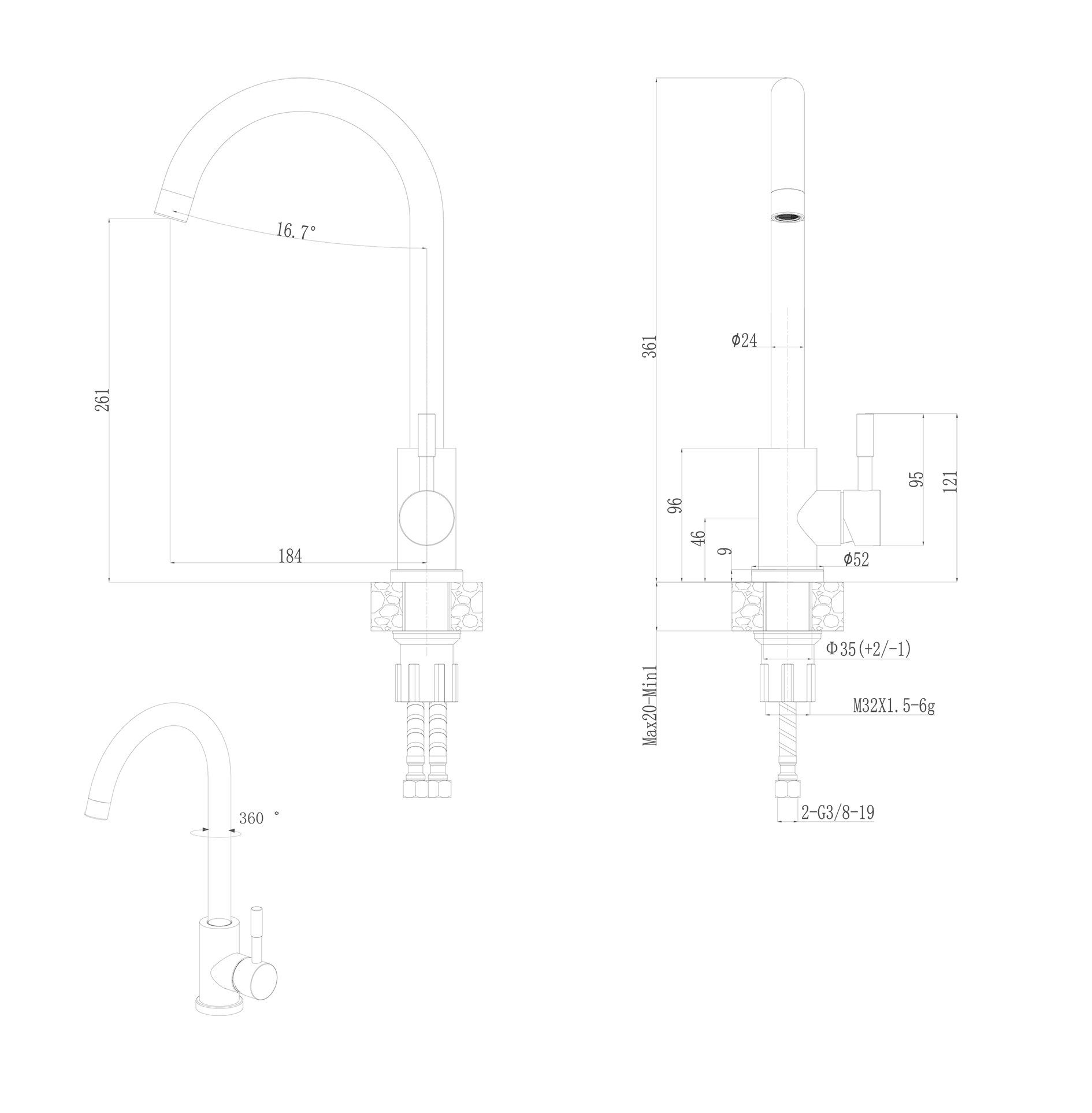 GURARI Küchenarmatur 5523 E2 Schwenkbereich Edelstahl (1-St) Hochdruck, Modern 360°, Armatur