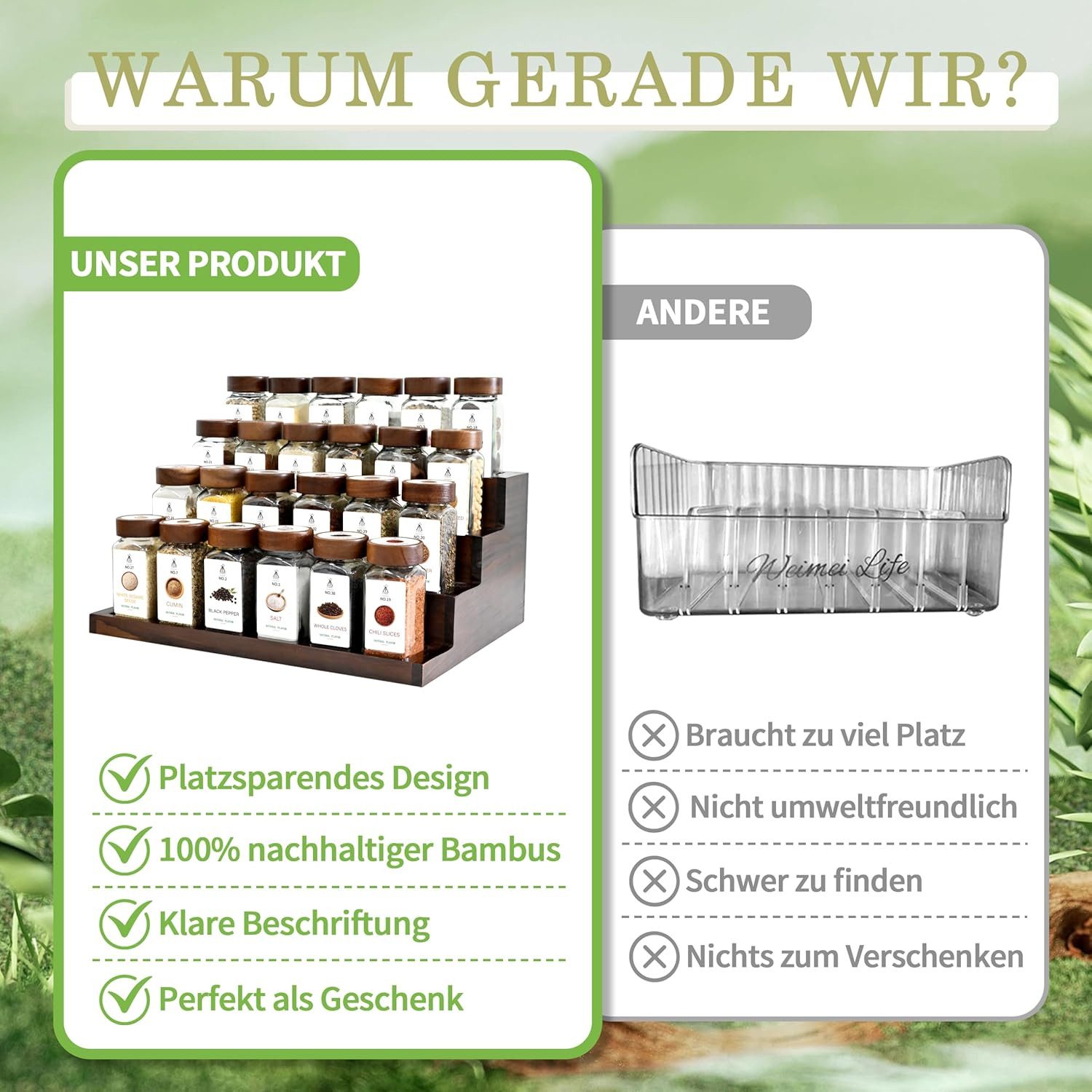 KingLux Gewürzbehälter Gewürz Organizer gewürzbehälter Akazienholz mit 24x120ml gewürzgläser, (1-tlg) – Bild 3 von 5