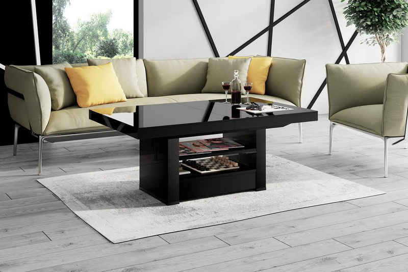 designimpex Couchtisch Tisch HLM-111 Schwarz Hochglanz Schublade höhenverstellbar ausziehbar