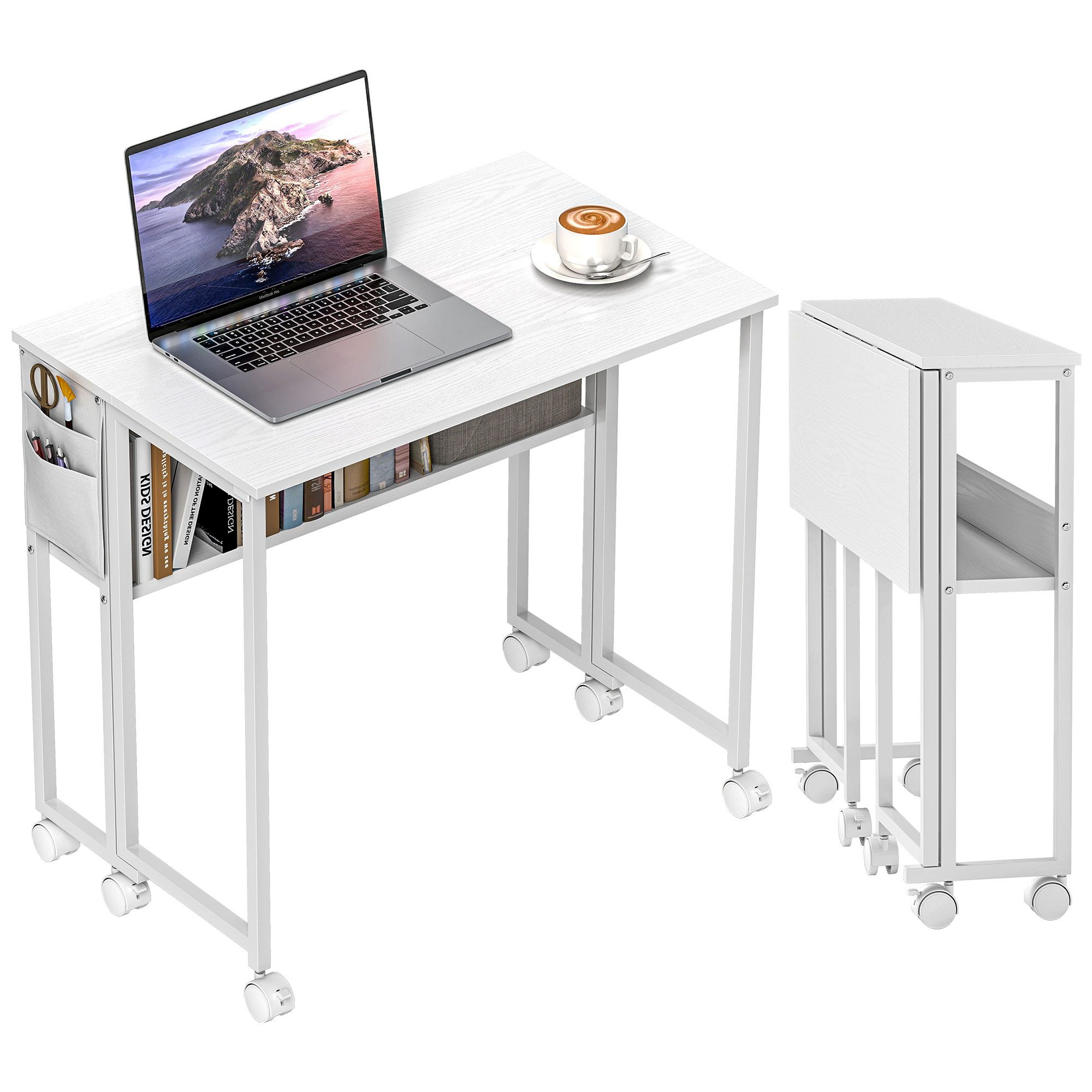 HOMCOM Schreibtisch klappbarer (Klappschreibtisch, 1-St., Platzsparend Computertisch), mit Regal, Aufbewahrungstasche, für Home Office, Weiß