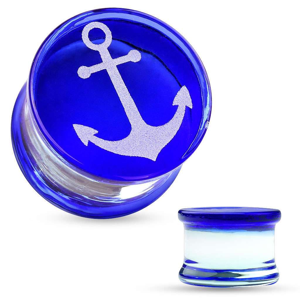 Taffstyle Plug Piercing Glas Plug Ohr Tunnel Blau mit Anker Maritim (Ohr Tunnel Plug mit Anker Motiv – maritimer Schmuck für Damen und Herren)