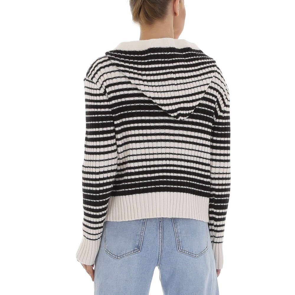 Ital-Design Strickpullover Damen Freizeit (81575119) Kapuze Gestreift Stretch Strickpullover in Weiß
