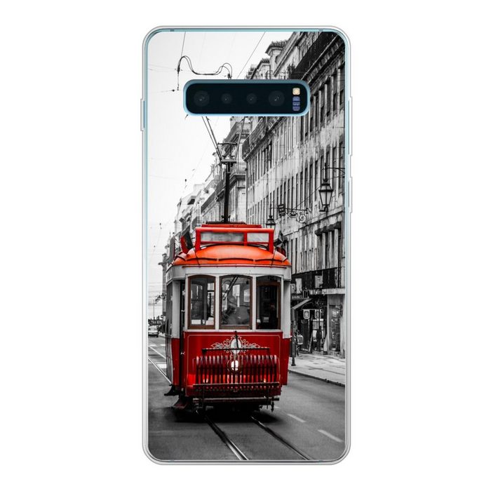 MuchoWow Handyhülle Schwarz-Weiß-Foto eines alten roten Zuges Phone Case Handyhülle Samsung Galaxy S10 Lite Silikon Schutzhülle