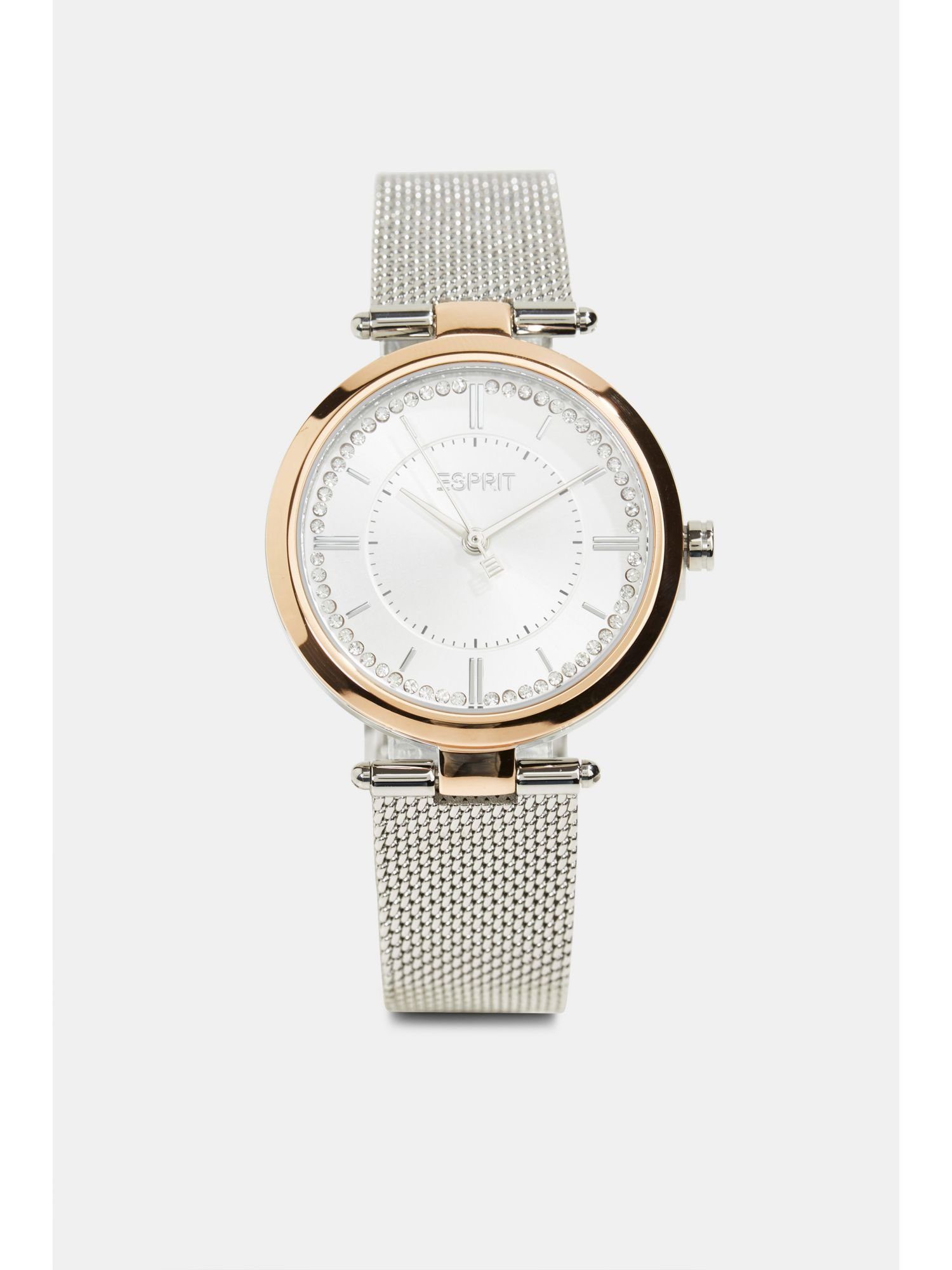 Damen Uhren Esprit Quarzuhr Edelstahl-Uhr mit Zirkonia und Mesh-Armband