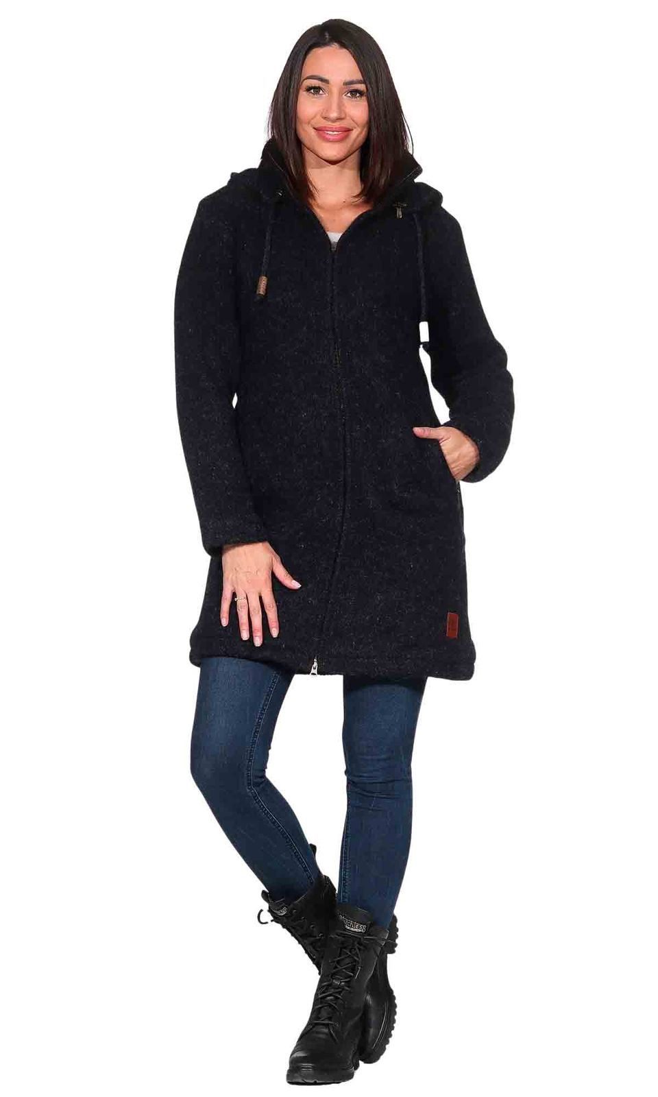 KUNST UND MAGIE Longstrickjacke Klassische Strickjacke Kurzmantel Wolle + Fleecefutter Kapuze Boho – Bild 4 von 5