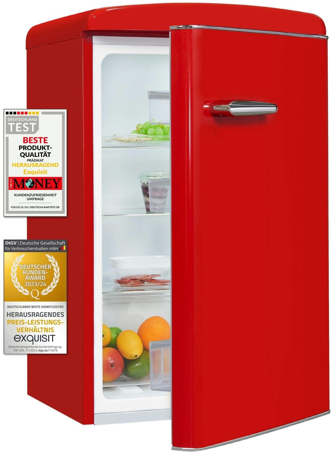 exquisit Vollraumkühlschrank RKS120-V-H-160E, 89.5 cm hoch, 54.5 cm breit, LED-Beleuchtung, verstellbare Glasböden, Retro-Design