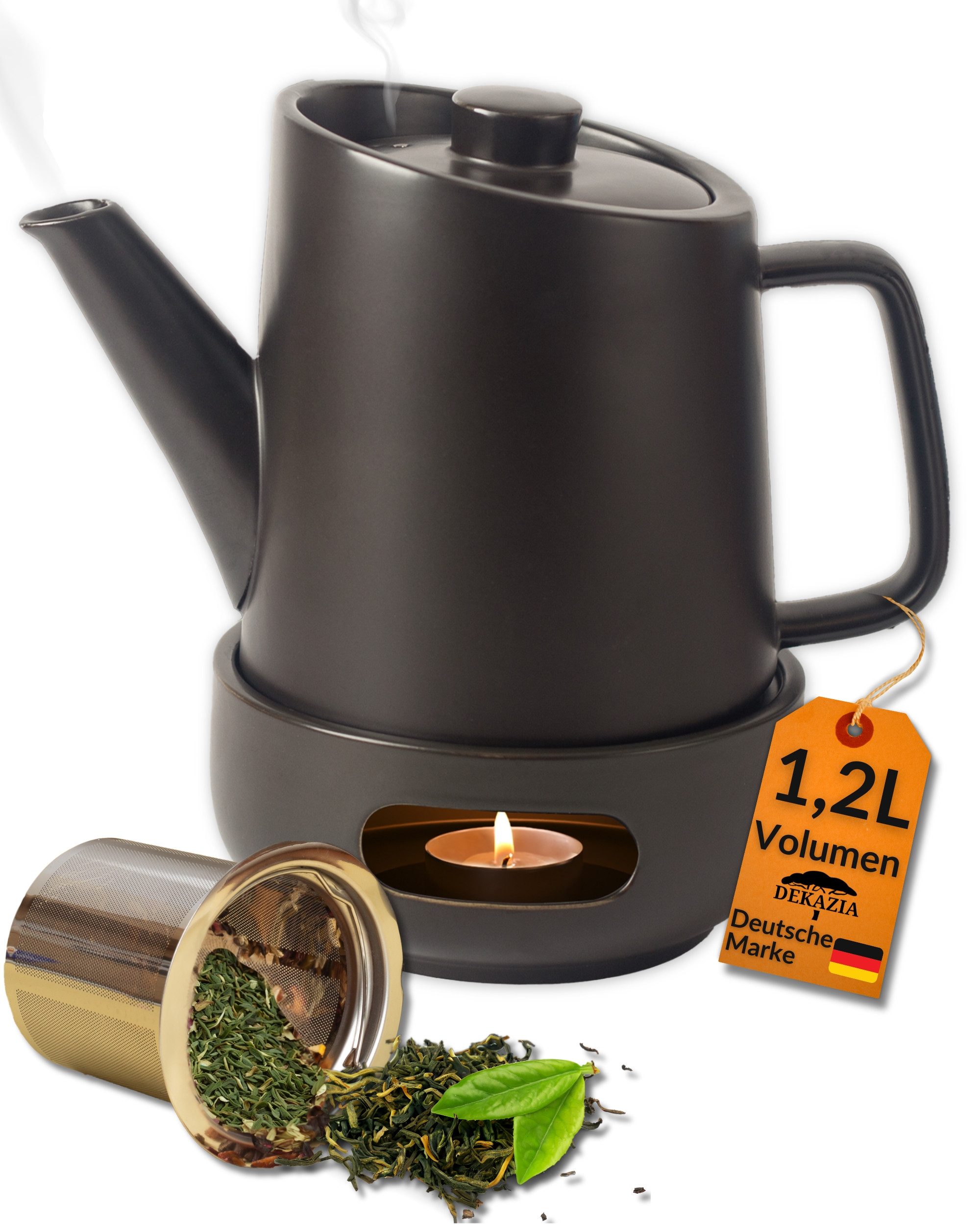 Teekanne aus Keramik 1,2 L Volumen mit Stövchen für langanhaltend warmen Tee