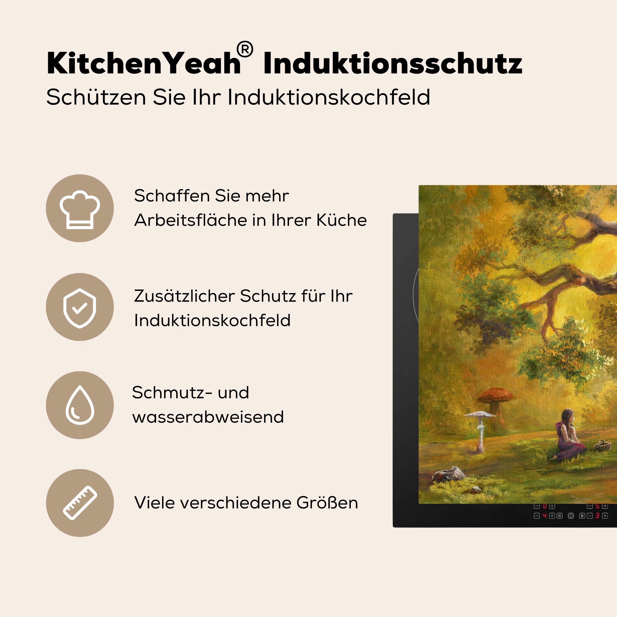 MuchoWow tlg), im Eine Person Ceranfeldabdeckung Wald, Arbeitsfläche Herdblende-/Abdeckplatte Mobile 70x52 Vinyl, cm, einer (1 nutzbar, Illustration