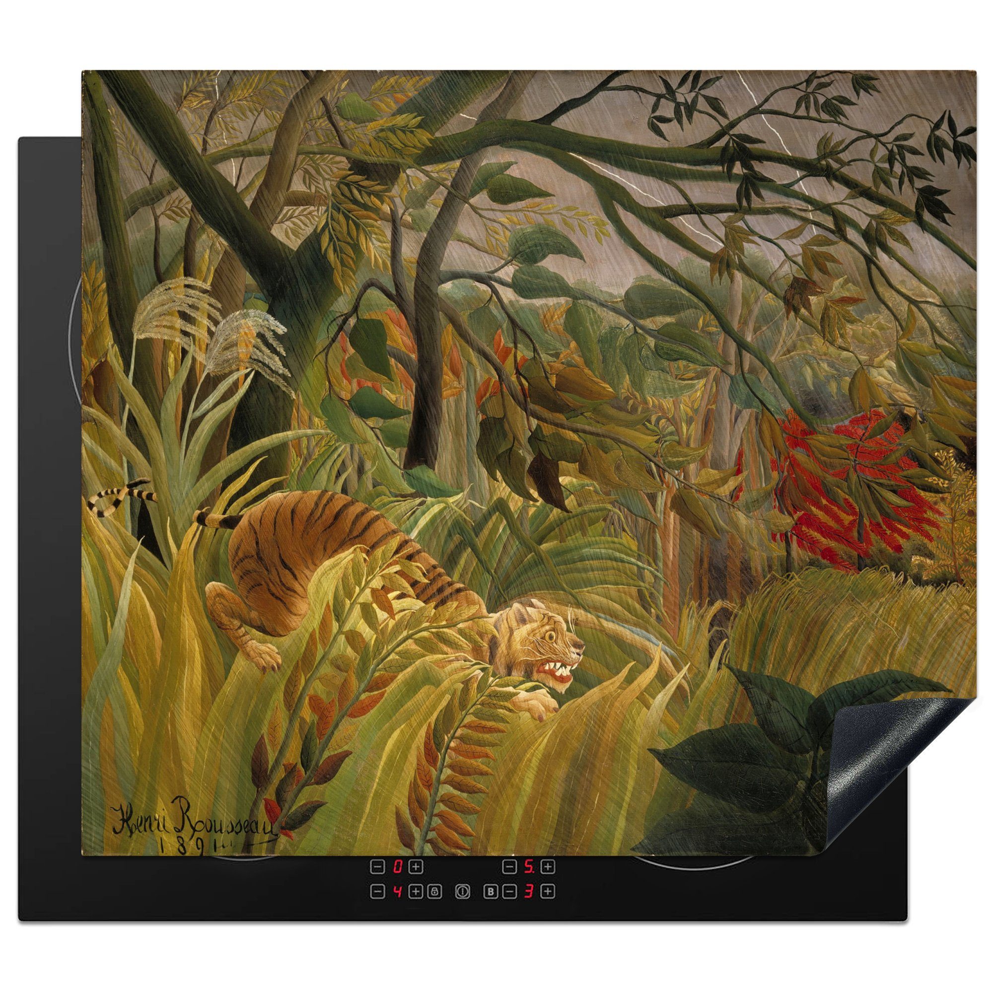 MuchoWow Herdblende-/Abdeckplatte Tiger in einem tropischen Sturm - Henri Rousseau, Vinyl, (1 tlg), 60x52 cm, Mobile Arbeitsfläche nutzbar, Ceranfeldabdeckung